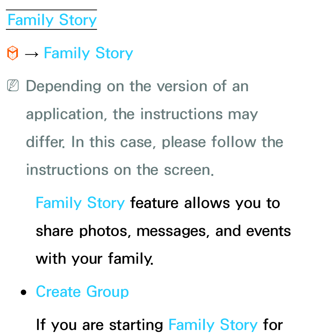 Samsung UE32ES6720SXRU, UE40ES6100WXZG, UE40ES5500WXZG, UE32ES6750SXZG manual Family Story → Family Story, Create Group 