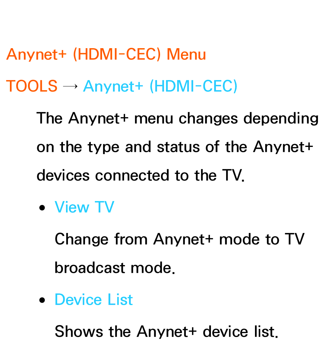 Samsung UE32ES5500WXZF, UE40ES6100WXZG manual Anynet+ HDMI-CEC Menu, Tools → Anynet+ HDMI-CEC, View TV, Device List 