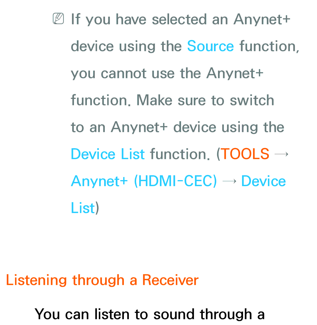 Samsung UE26EH4510WXZF, UE40ES6100WXZG, UE40ES5500WXZG, UE32ES6750SXZG, UE32ES6570SXXH manual Listening through a Receiver 