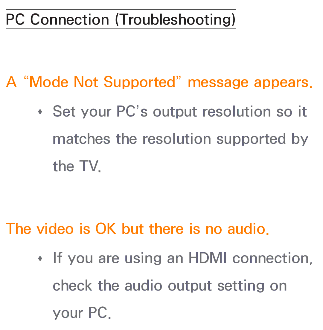 Samsung UE46ES6100WXZF, UE40ES6100WXZG, UE40ES5500WXZG, UE32ES6750SXZG, UE32ES6570SXXH manual PC Connection Troubleshooting 