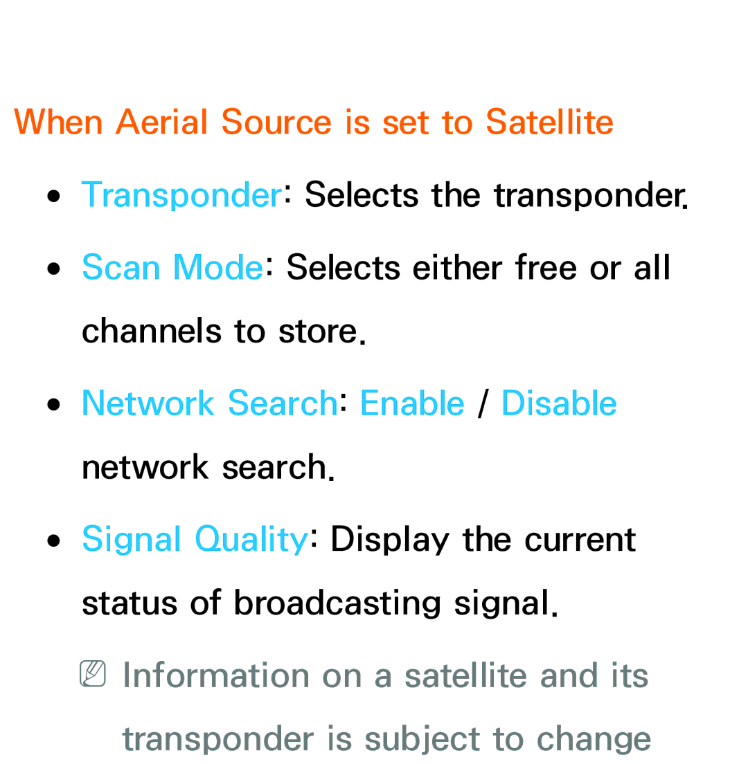 Samsung UE32ES5500VXXC, UE40ES6100WXZG manual When Aerial Source is set to Satellite, Network Search Enable / Disable 