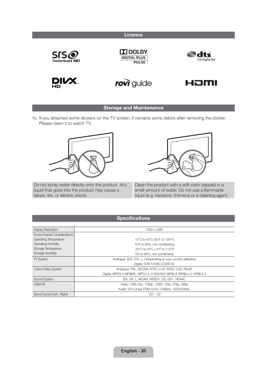 Samsung UE40ES6300SXZF, UE55ES6300SXZF, UE46ES6300SXZF, UE32ES6300SXZF manual Licence Storage and Maintenance, Specifications 