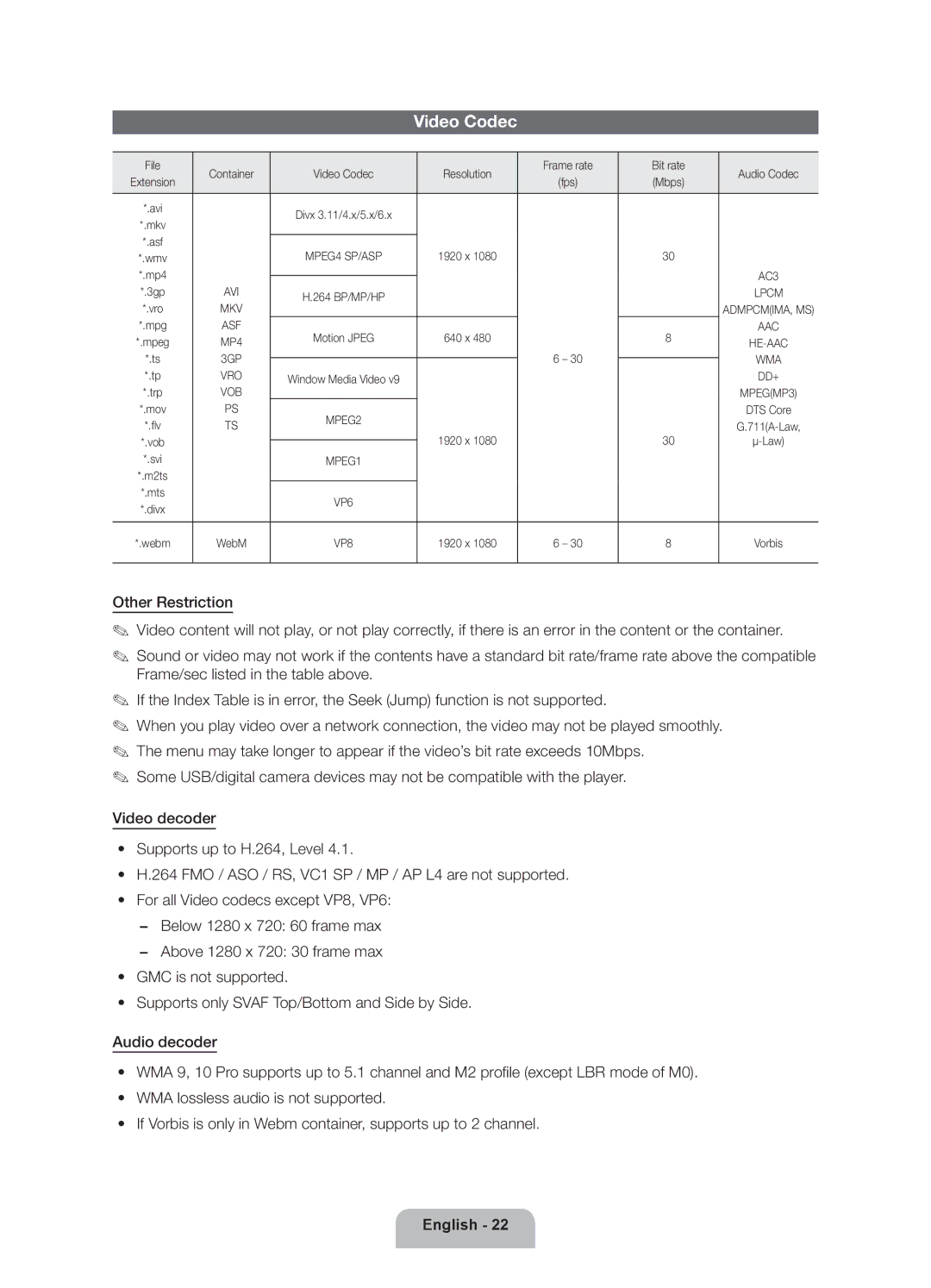 Samsung UE46ES6300SXZF, UE40ES6300SXZF, UE55ES6300SXZF, UE32ES6300SXZF, UE60ES6300SXZF manual Video Codec 