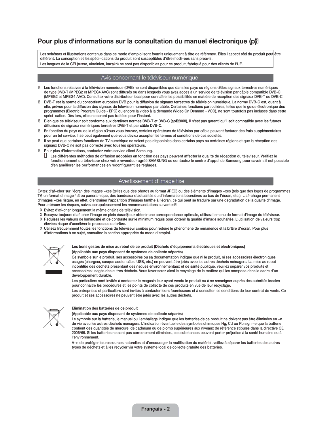 Samsung UE60ES6300SXZF manual Avis concernant le téléviseur numérique, Avertissement dimage fixe, Chaîne de télévision 