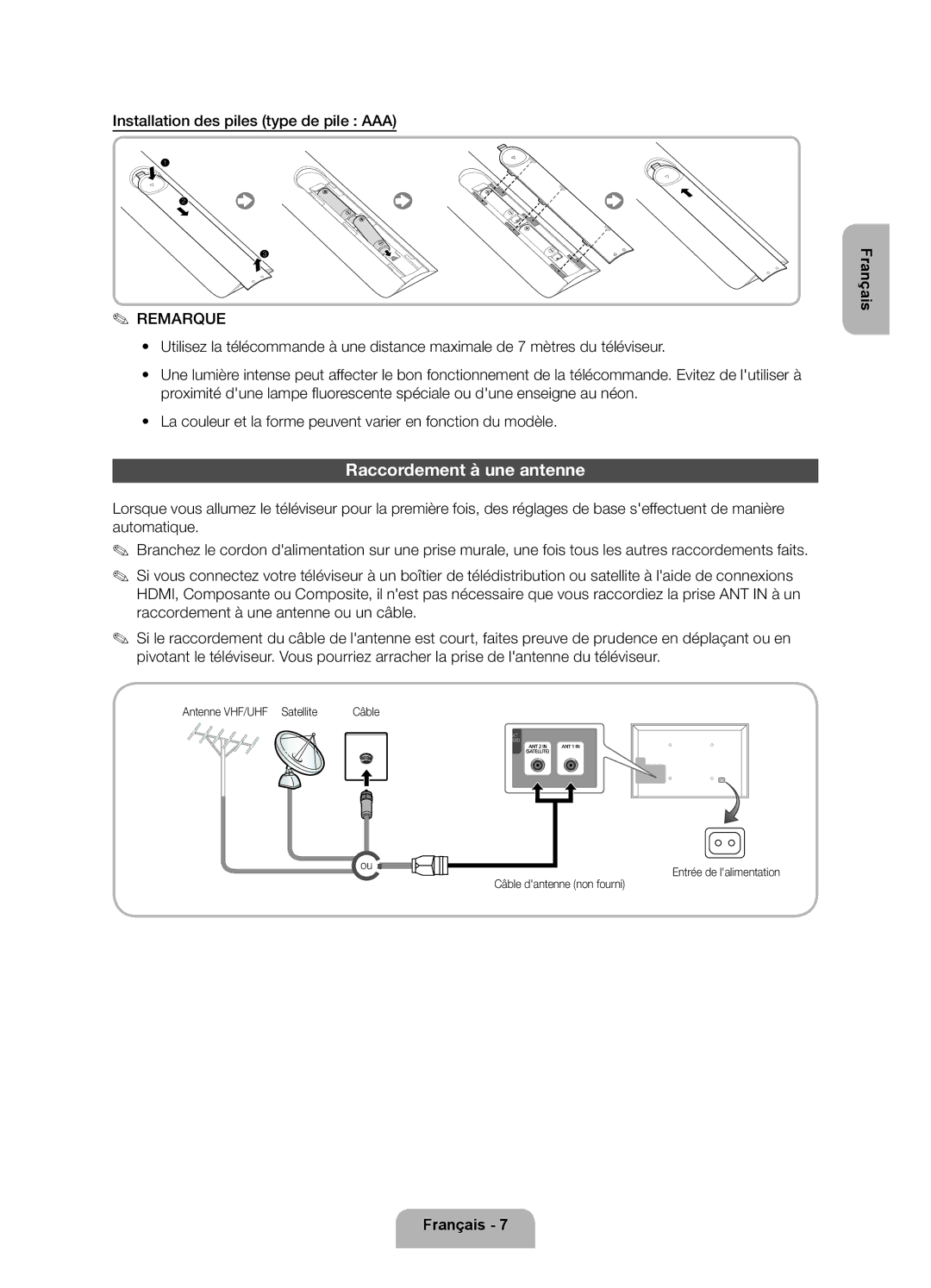 Samsung UE60ES6300SXZF Raccordement à une antenne, Installation des piles type de pile AAA, Antenne VHF/UHF Satellite 