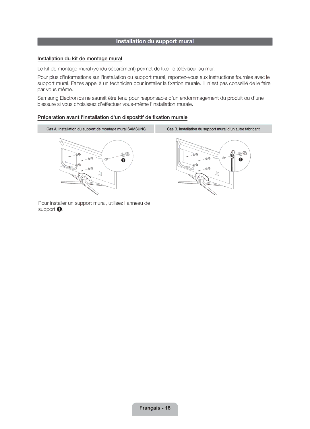 Samsung UE32ES6300SXZF manual Installation du support mural, Pour installer un support mural, utilisez lanneau de support 