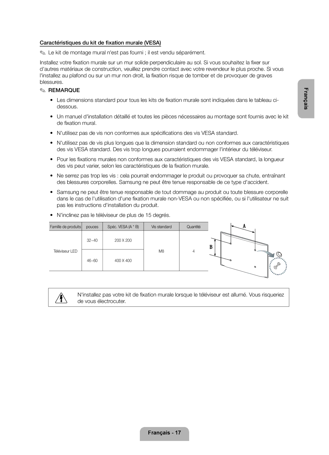 Samsung UE60ES6300SXZF De tomber et de provoquer de graves, Blessures, Famille de produits pouces, Téléviseur LED 46~60 