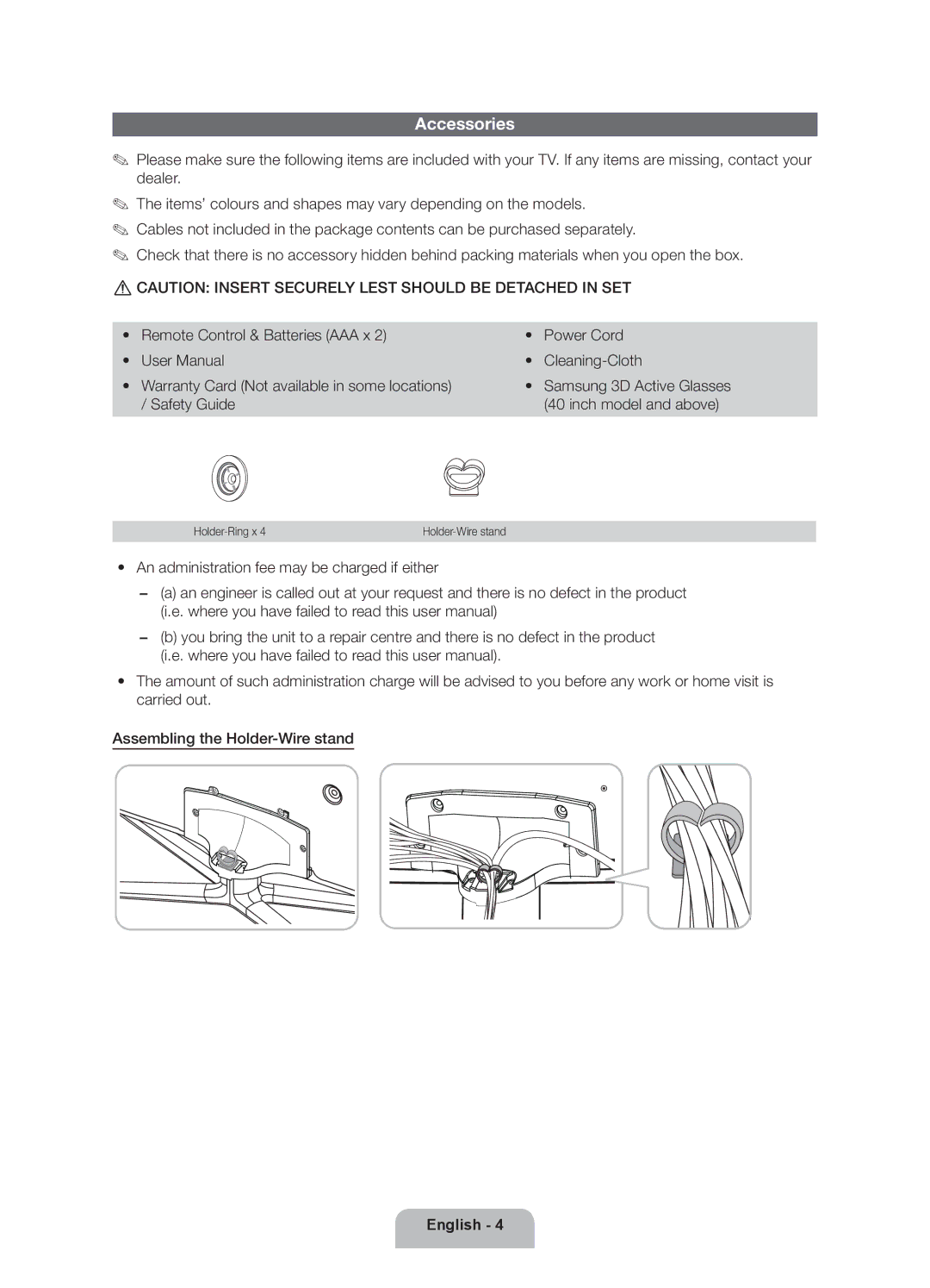 Samsung UE60ES6300SXZF, UE40ES6300SXZF, UE55ES6300SXZF manual Accessories, Safety Guide Inch model and above, Holder-Ring x 