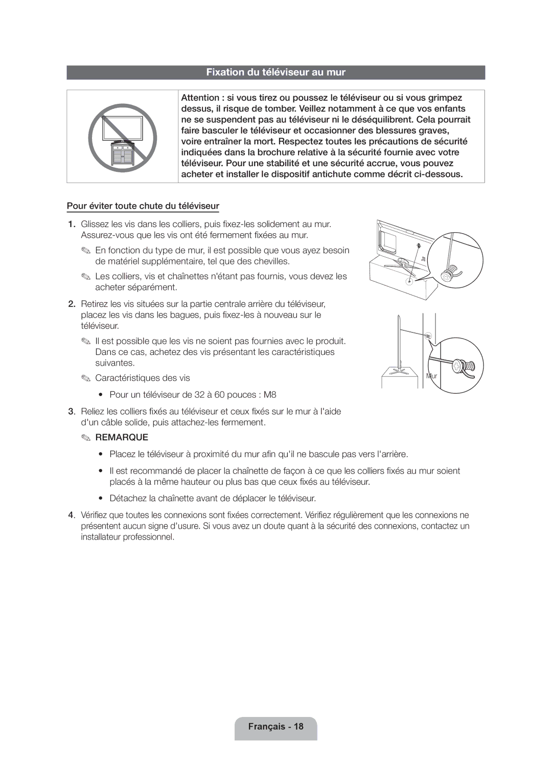 Samsung UE40ES6300SXZF, UE55ES6300SXZF manual Fixation du téléviseur au mur, Pour éviter toute chute du téléviseur, Mur 