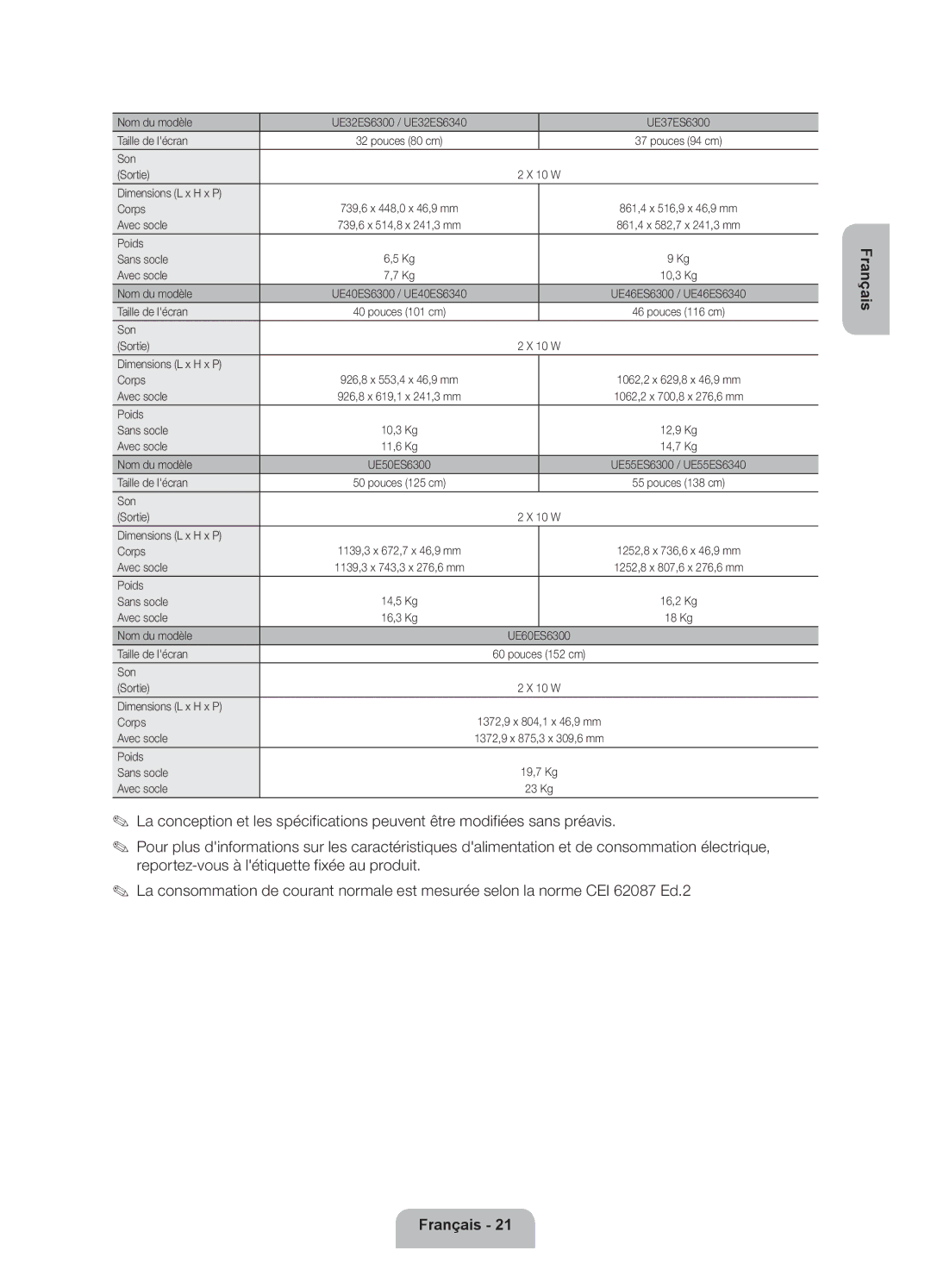 Samsung UE32ES6300SXZF, UE40ES6300SXZF Nom du modèle, Taille de lécran, Son Sortie, Dimensions L x H x P Corps, Avec socle 