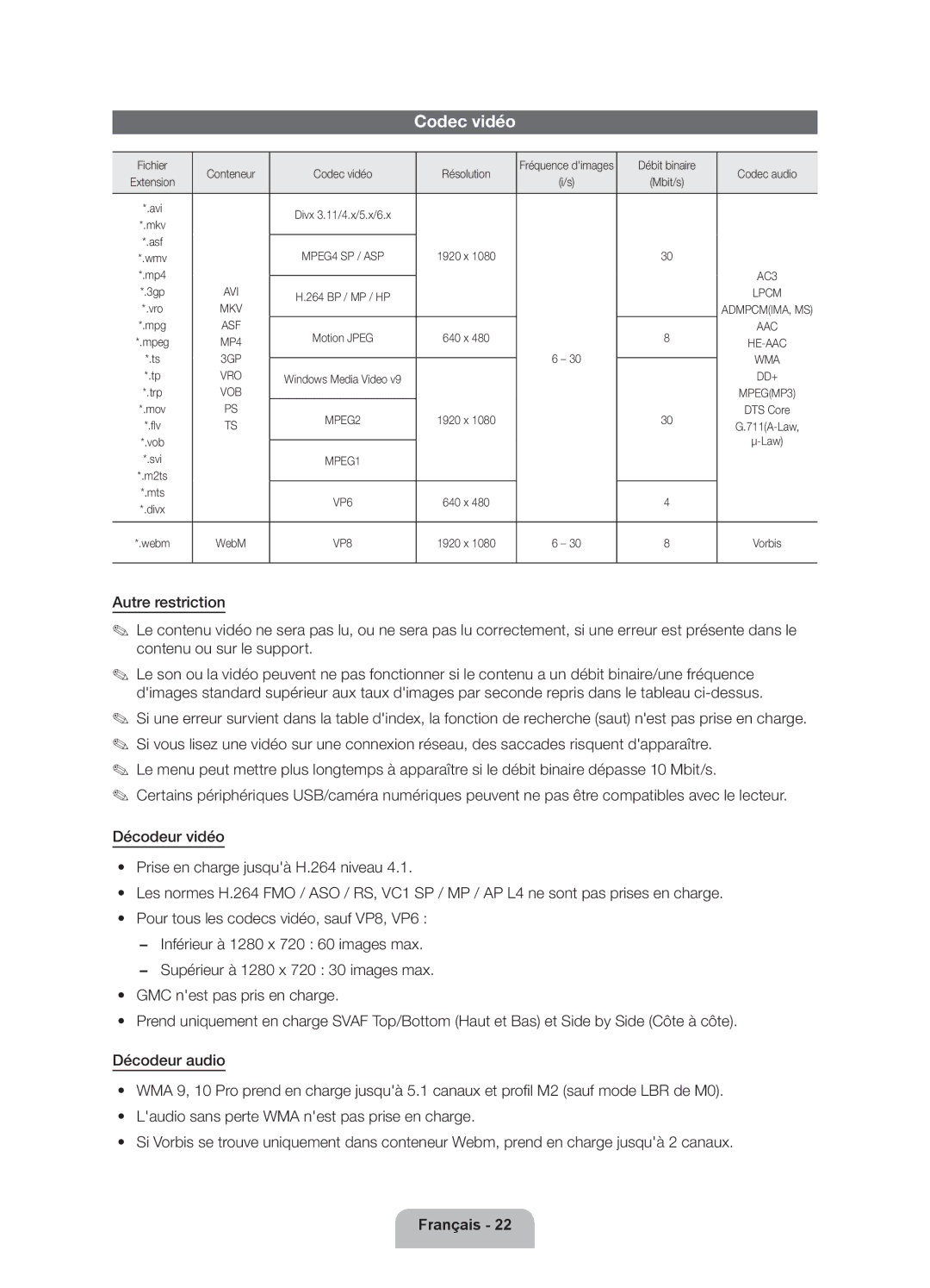 Samsung UE60ES6300SXZF, UE40ES6300SXZF manual Fichier Conteneur Codec vidéo Résolution, Débit binaire Codec audio 