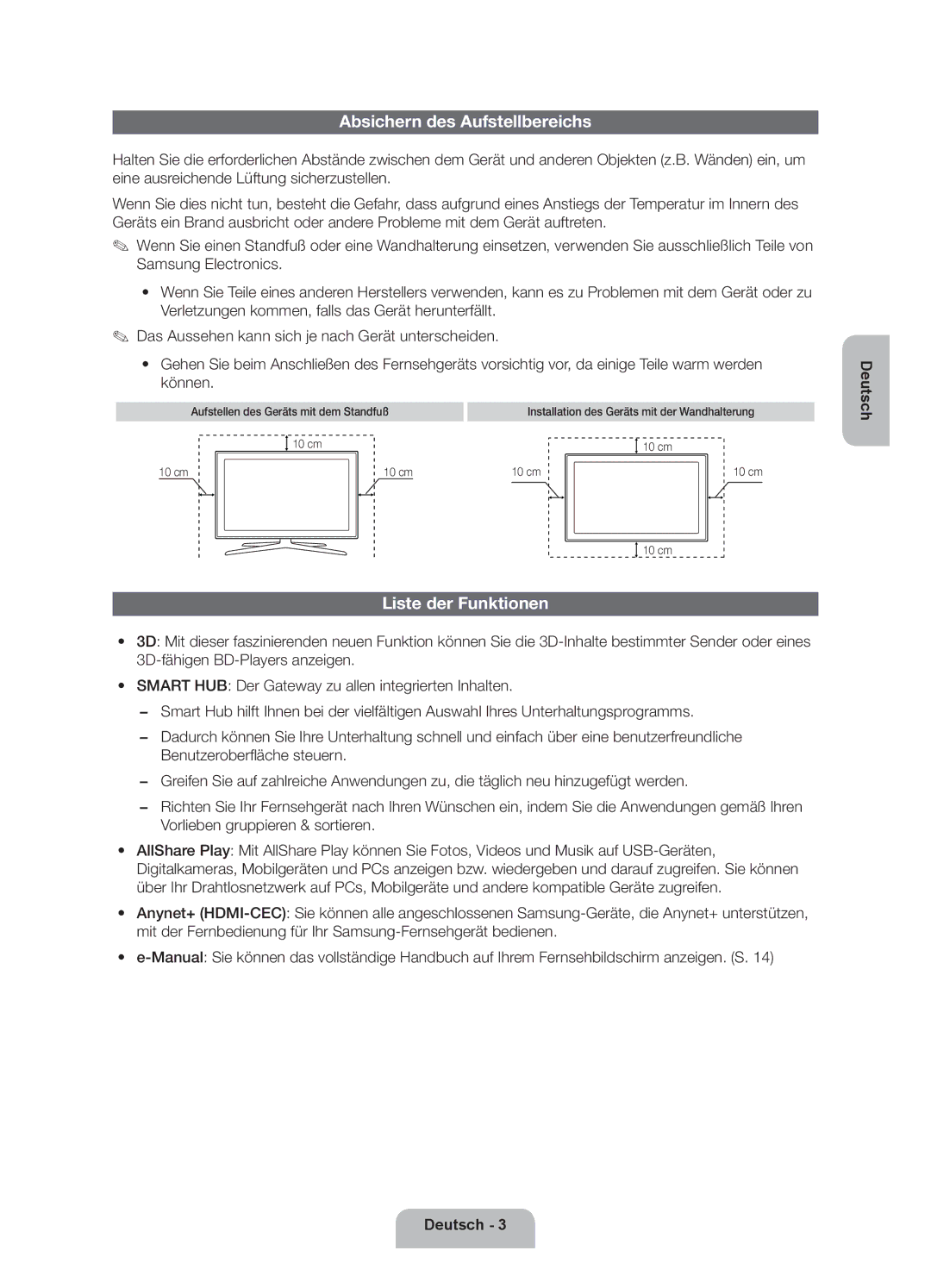 Samsung UE46ES6300SXZF manual Absichern des Aufstellbereichs, Liste der Funktionen, Aufstellen des Geräts mit dem Standfuß 