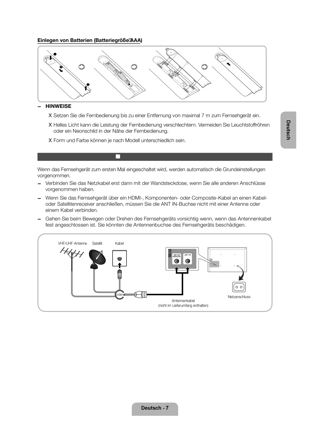 Samsung UE55ES6300SXZF Anschließen an eine Antenne, Einlegen von Batterien Batteriegröße AAA, VHF/UHF-Antenne Satellit 