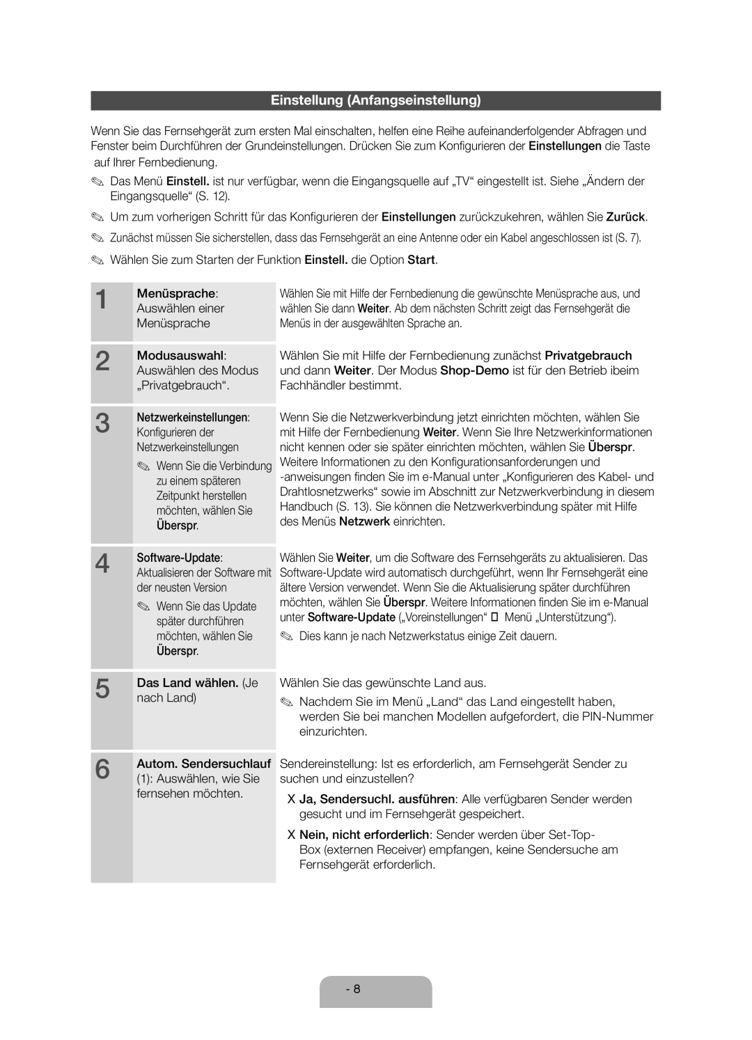 Samsung UE46ES6300SXZF, UE40ES6300SXZF, UE55ES6300SXZF, UE32ES6300SXZF, UE60ES6300SXZF manual Einstellung Anfangseinstellung 