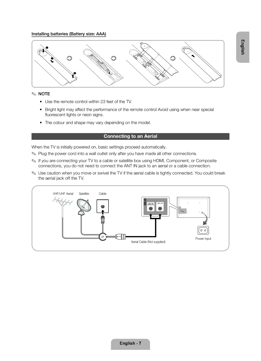 Samsung UE46ES6300SXZF, UE40ES6300SXZF manual Connecting to an Aerial, VHF/UHF Aerial Satellite, Aerial Cable Not supplied 