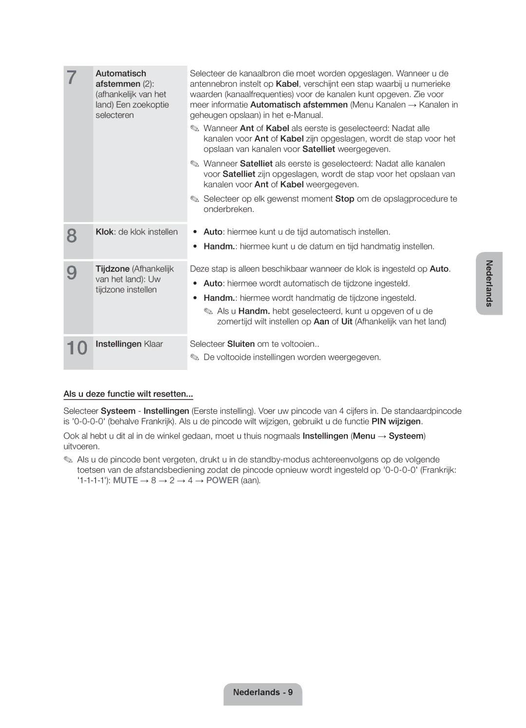 Samsung UE40ES6300SXZF, UE55ES6300SXZF manual Tijdzone Afhankelijk, Van het land Uw, Als u deze functie wilt resetten 