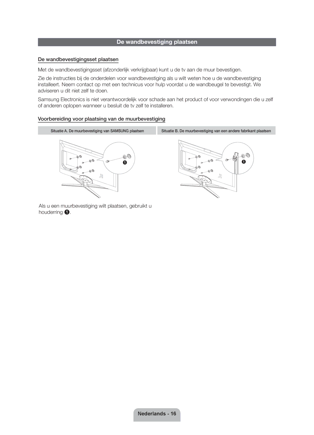 Samsung UE46ES6300SXZF, UE40ES6300SXZF, UE55ES6300SXZF, UE32ES6300SXZF, UE60ES6300SXZF manual De wandbevestiging plaatsen 