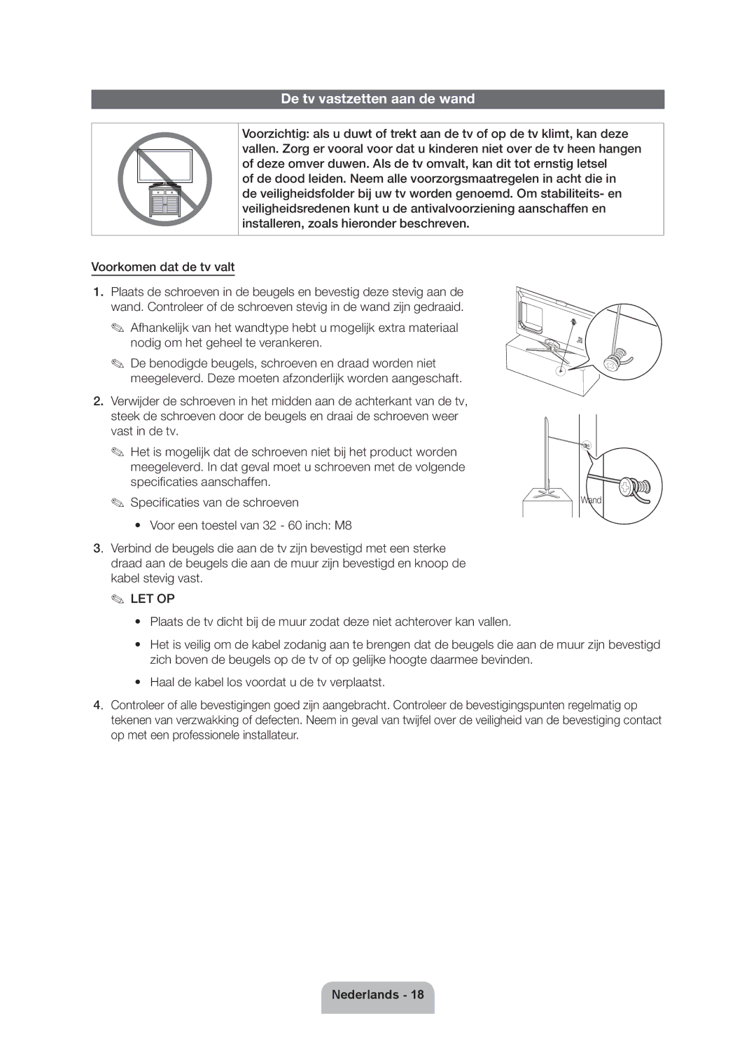 Samsung UE60ES6300SXZF, UE40ES6300SXZF, UE55ES6300SXZF, UE46ES6300SXZF, UE32ES6300SXZF manual De tv vastzetten aan de wand 