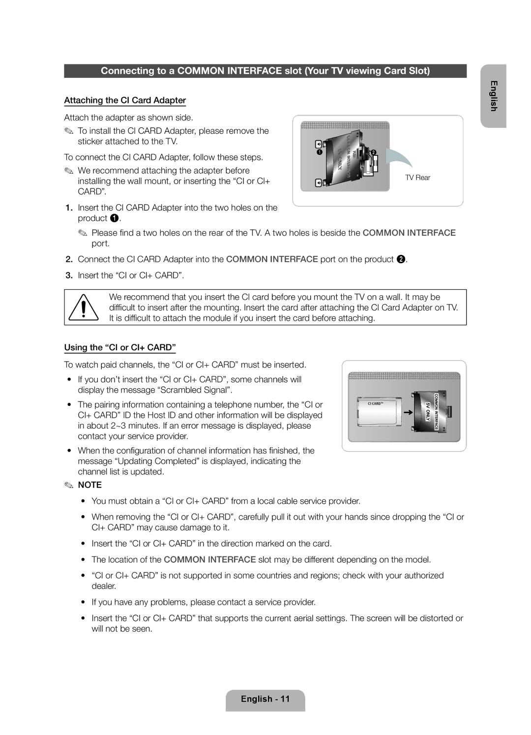 Samsung UE50ES6900SXZF, UE40ES6900SXZF manual Installing the wall mount, or inserting the CI or CI+, TV Rear 