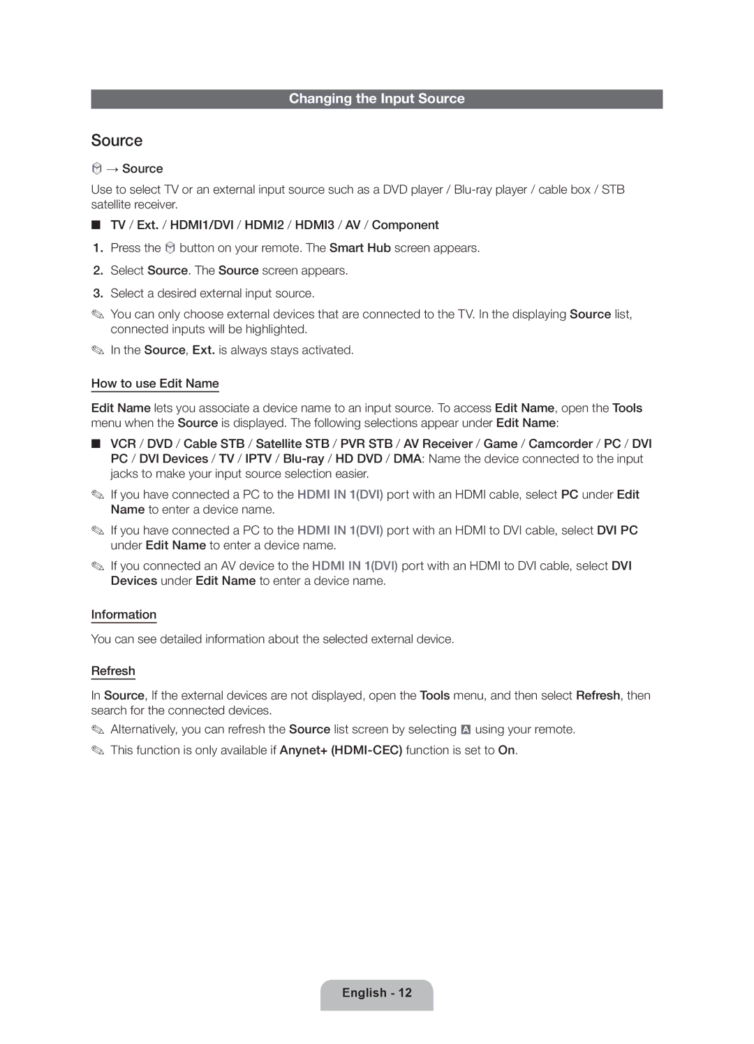 Samsung UE40ES6900SXZF, UE50ES6900SXZF manual Changing the Input Source 