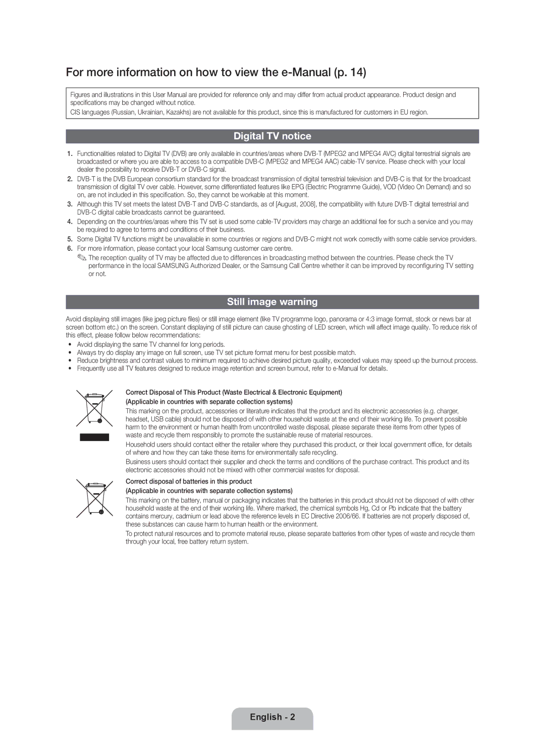 Samsung UE40ES6900SXZF, UE50ES6900SXZF manual Digital TV notice, Still image warning 