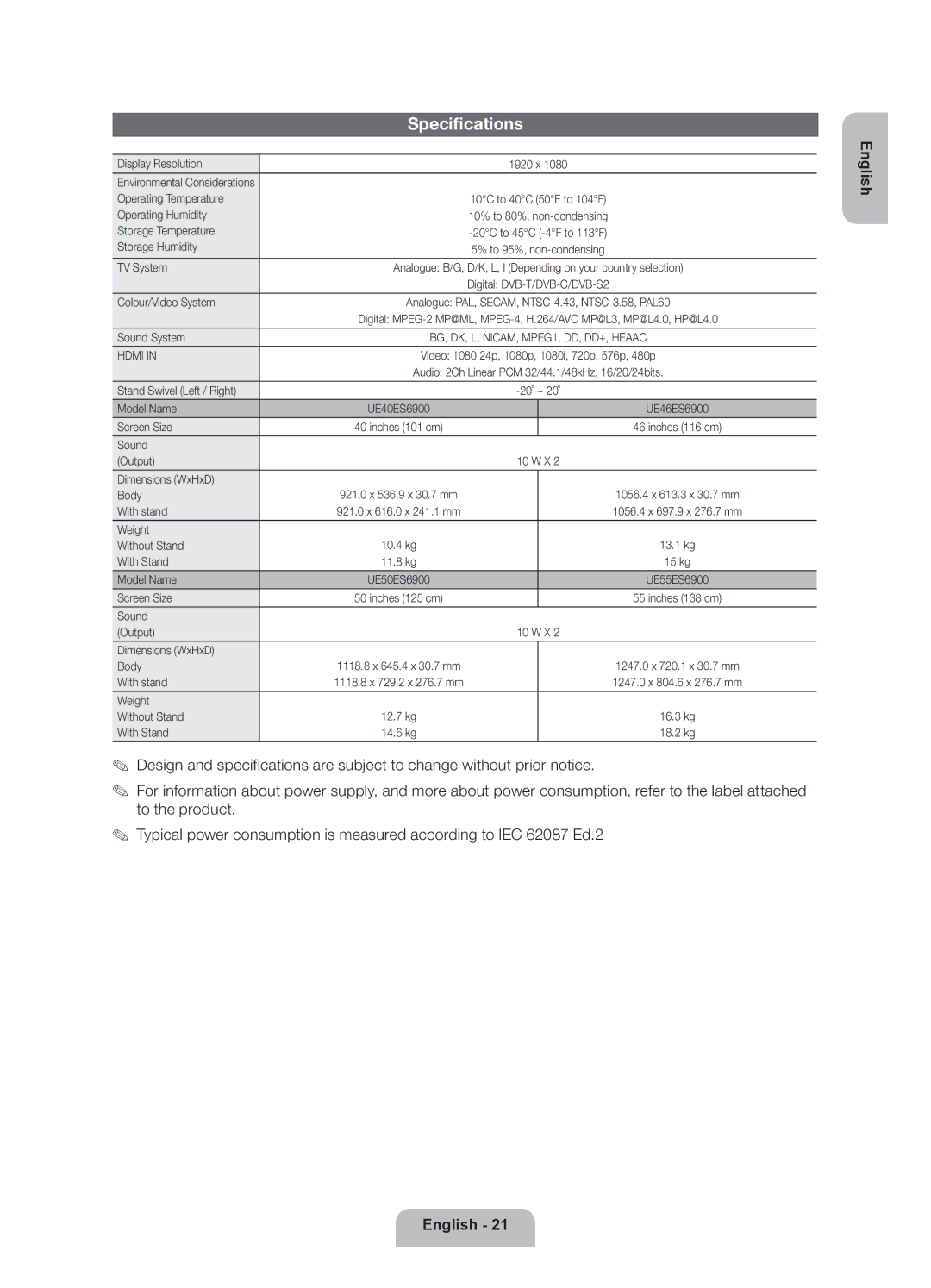 Samsung UE50ES6900SXZF, UE40ES6900SXZF manual Specifications 