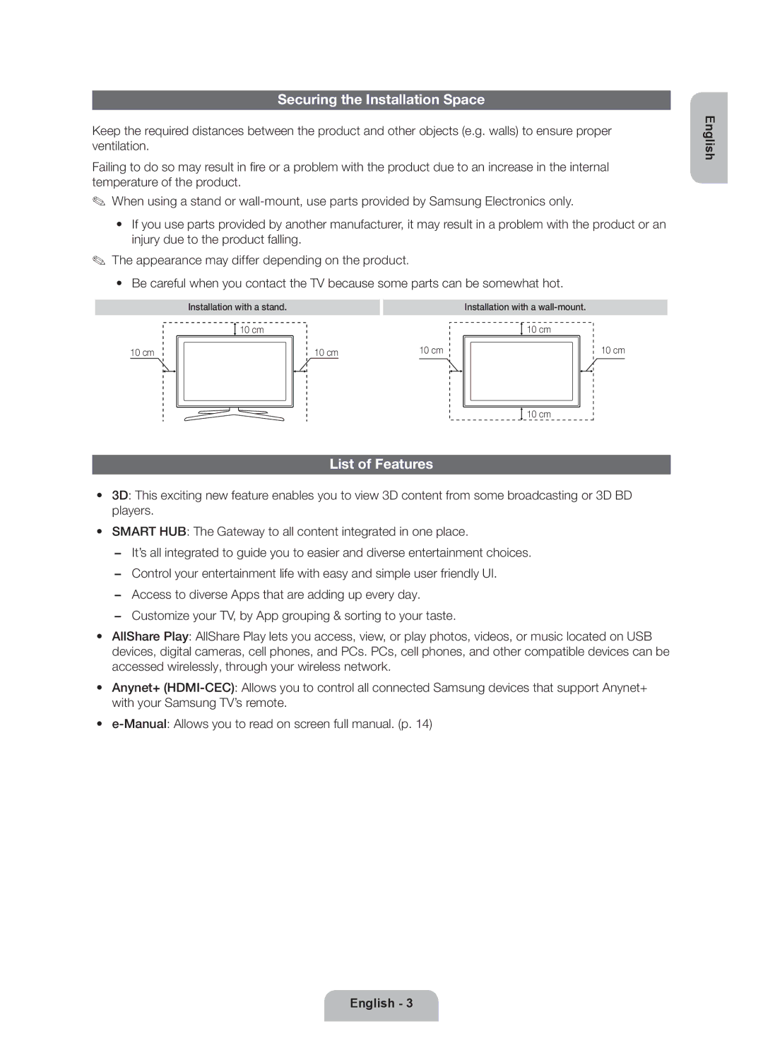 Samsung UE50ES6900SXZF, UE40ES6900SXZF manual Securing the Installation Space, List of Features 