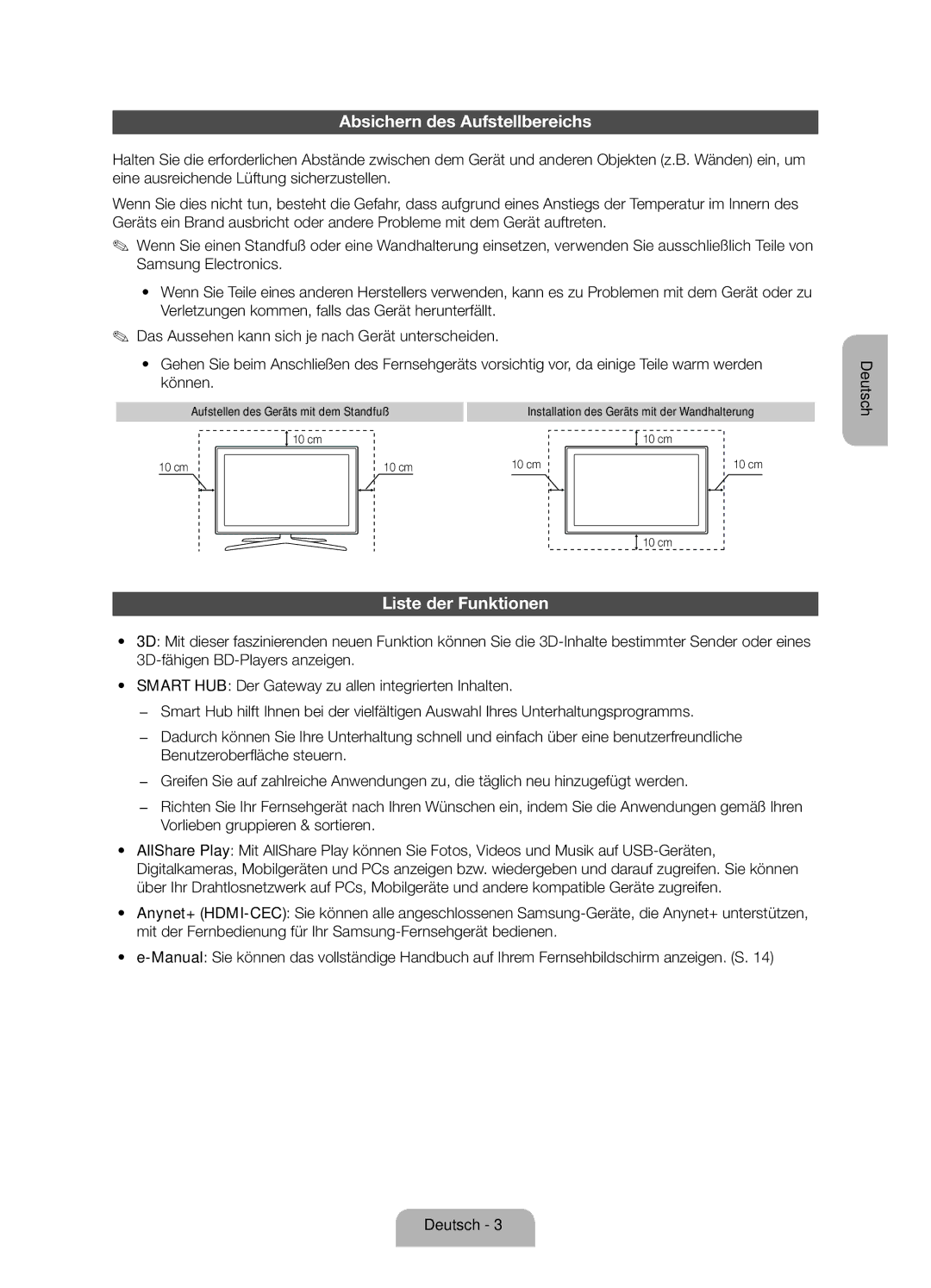 Samsung UE50ES6900SXZF Absichern des Aufstellbereichs, Liste der Funktionen, Aufstellen des Geräts mit dem Standfuß 10 cm 