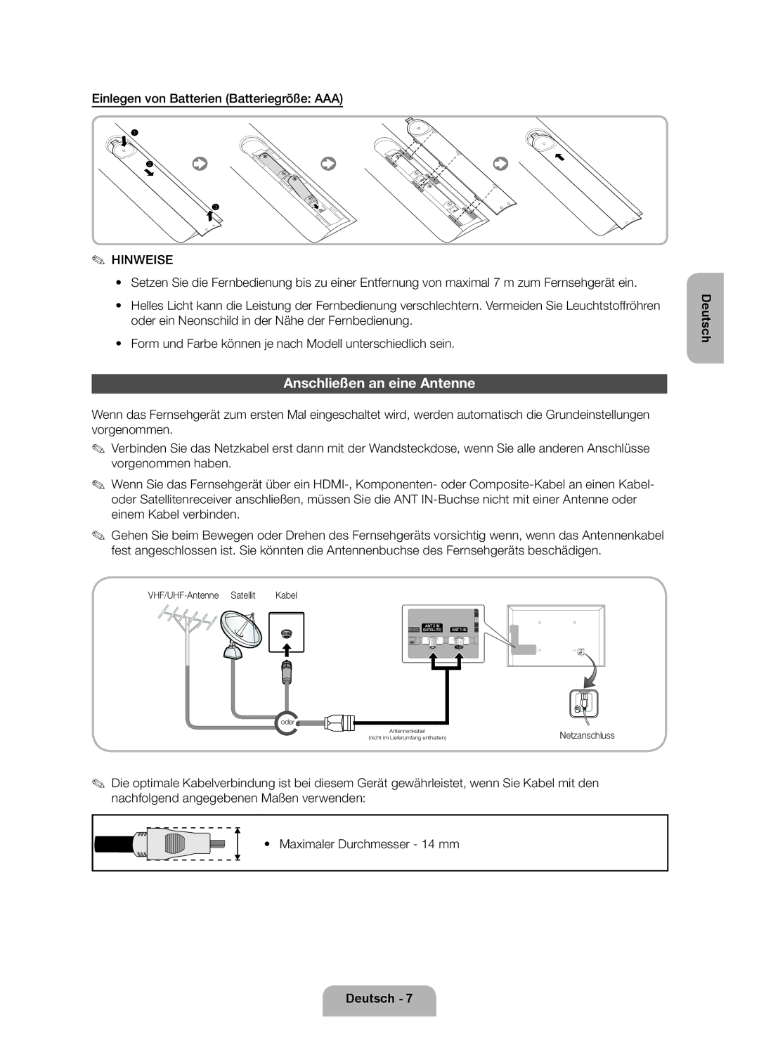 Samsung UE50ES6900SXZF manual Anschließen an eine Antenne, Einlegen von Batterien Batteriegröße AAA, Netzanschluss 