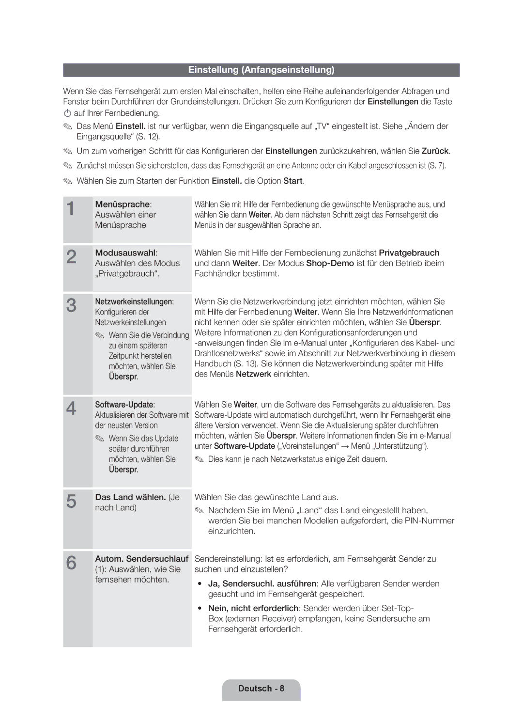 Samsung UE40ES6900SXZF, UE50ES6900SXZF manual Einstellung Anfangseinstellung 