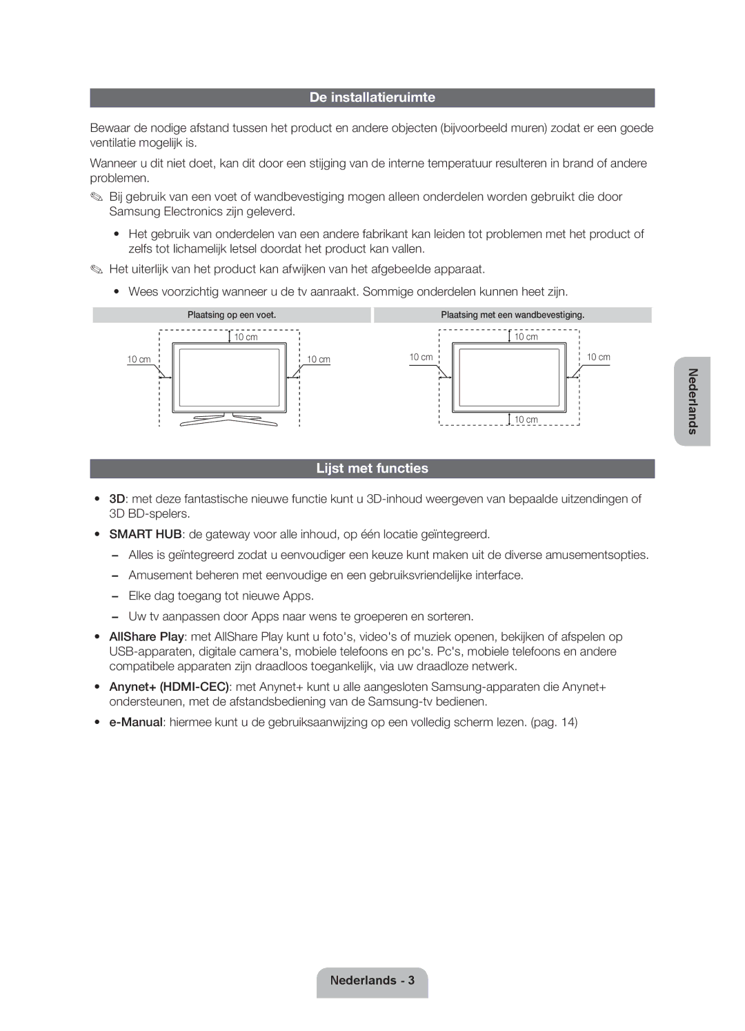 Samsung UE40ES6900SXZF, UE50ES6900SXZF manual De installatieruimte, Lijst met functies, Plaatsing op een voet 10 cm 