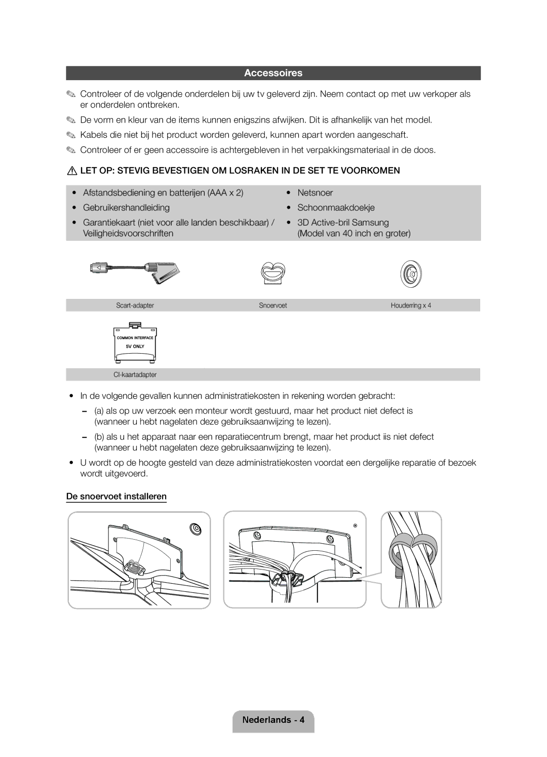 Samsung UE50ES6900SXZF manual 3D Active-bril Samsung, Veiligheidsvoorschriften, Scart-adapter Snoervoet, CI-kaartadapter 