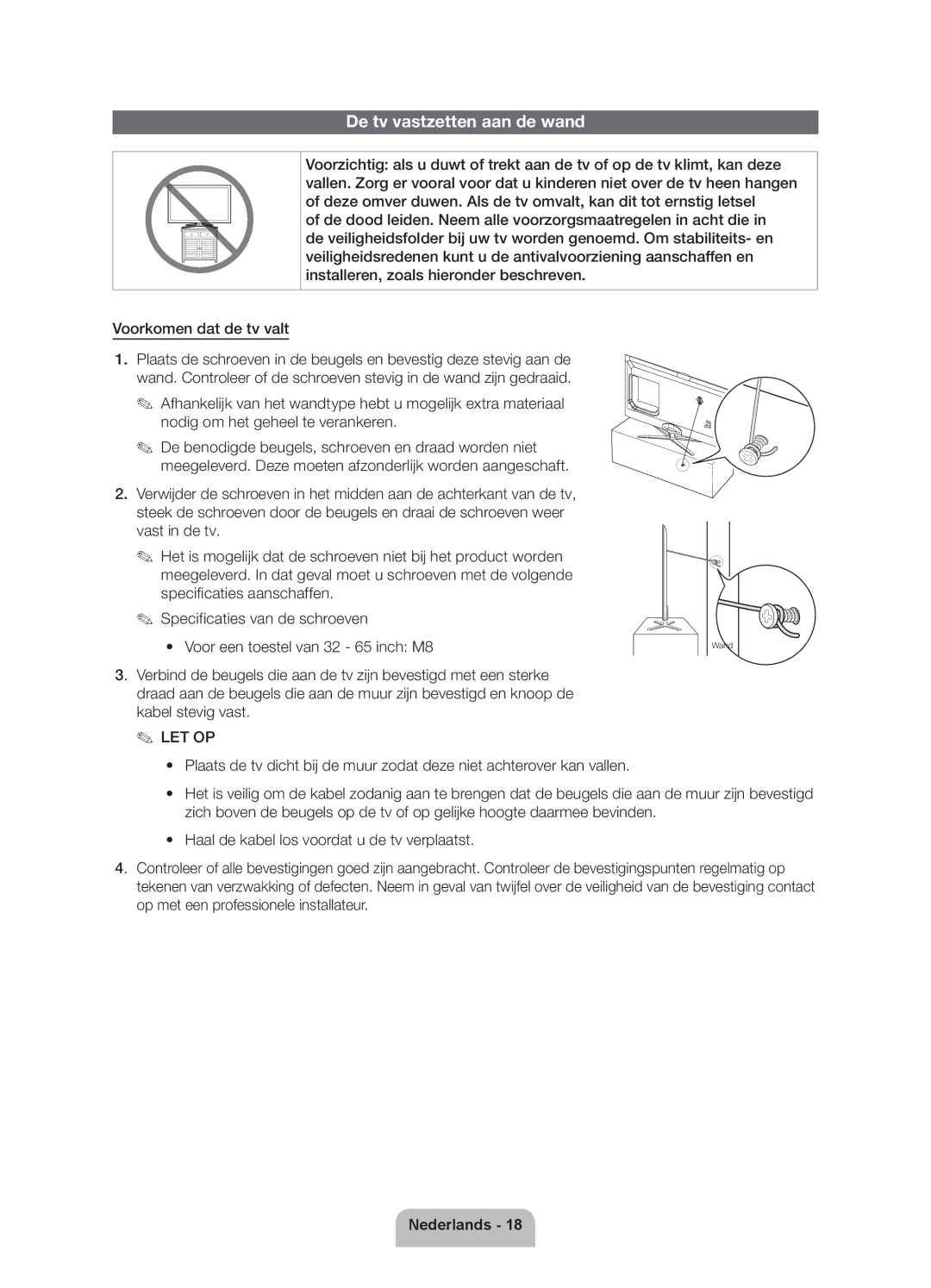 Samsung UE50ES6900SXZF, UE40ES6900SXZF manual De tv vastzetten aan de wand 