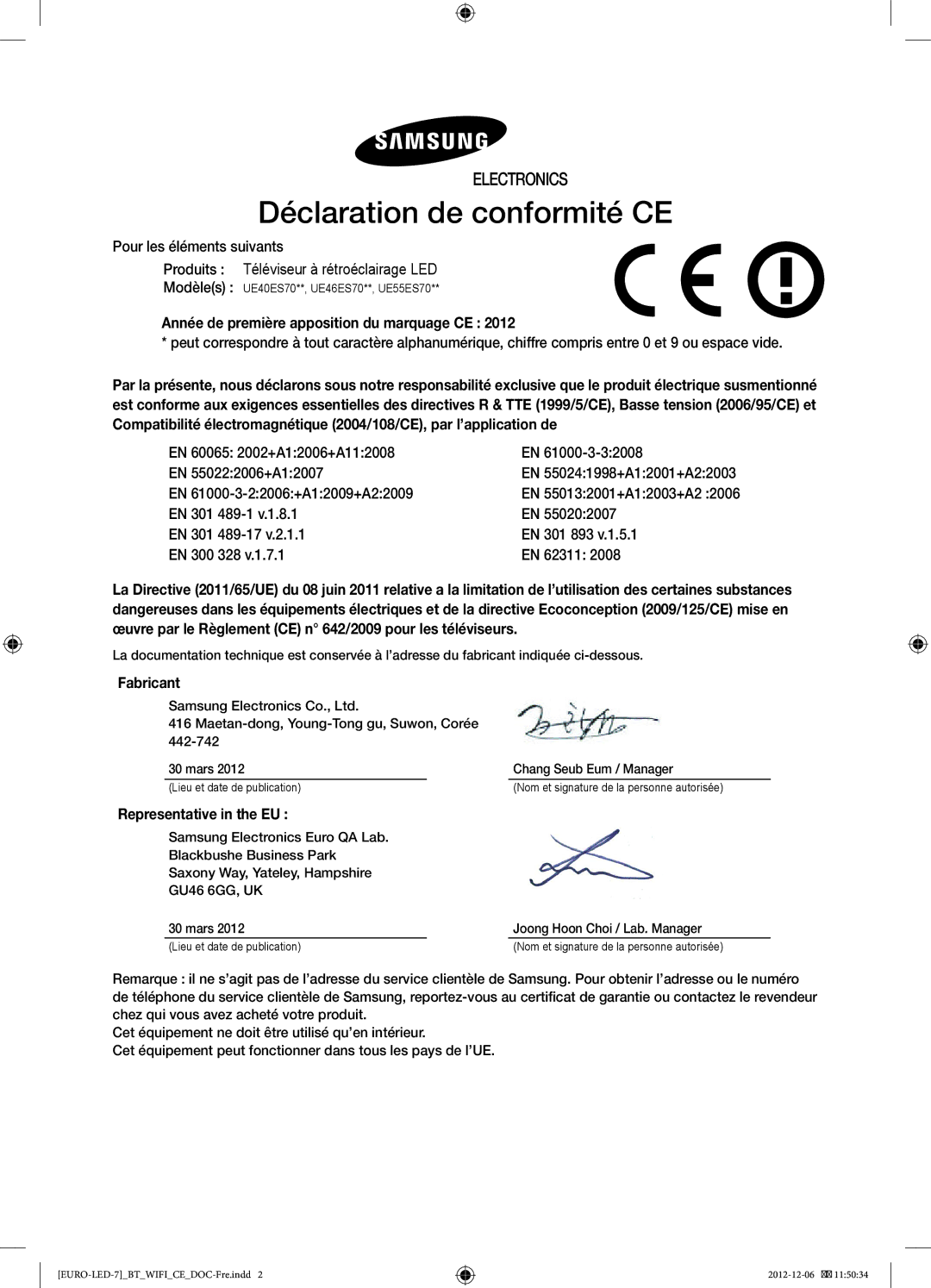 Samsung UE46ES7000SXZF manual Déclaration de conformité CE, Année de première apposition du marquage CE, Fabricant 