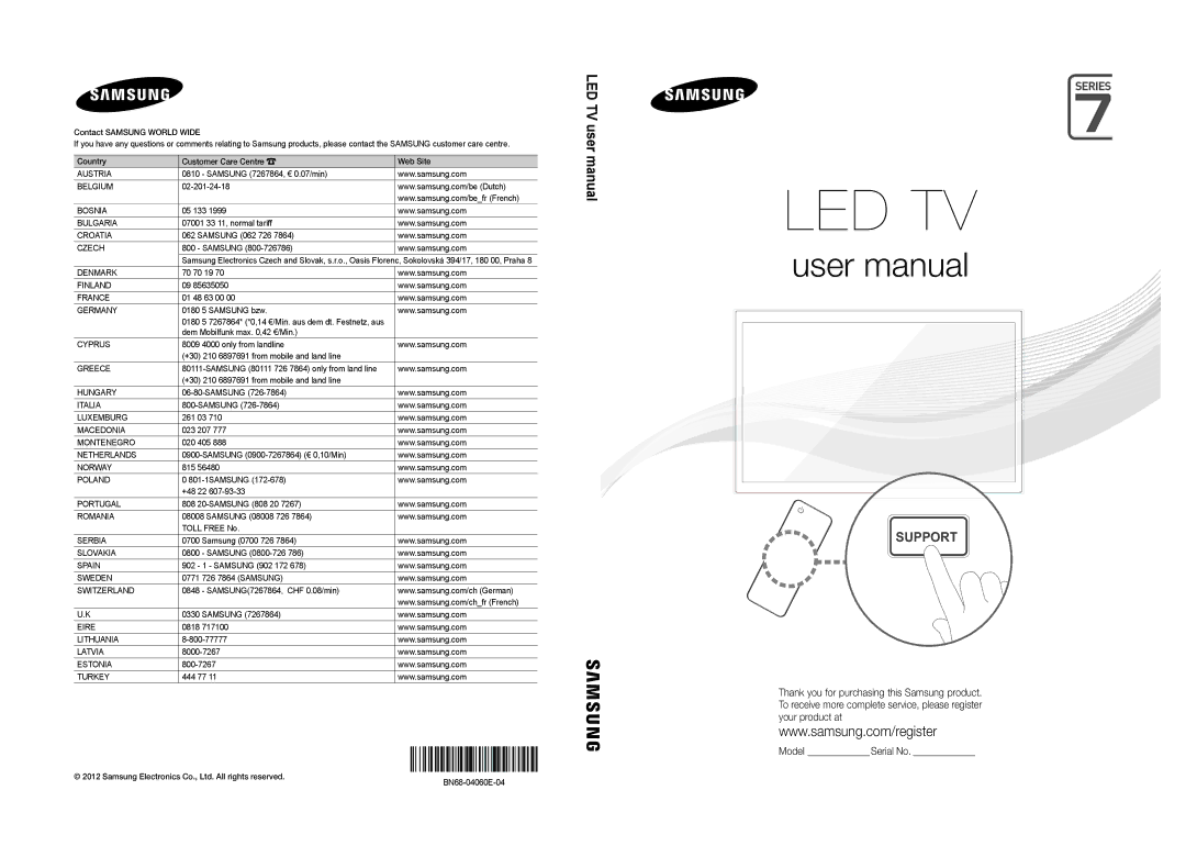 Samsung UE46ES7005UXXE, UE40ES7005UXXE manual 0180 5 7267864* *0,14 €/Min. aus dem dt. Festnetz, aus, BN68-04060E-04 