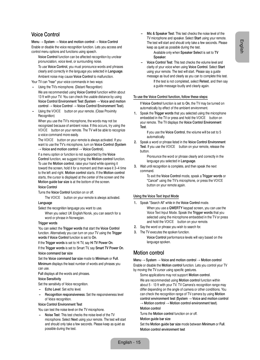 Samsung UE40ES7005UXXE, UE46ES7005UXXE, UE55ES7005UXXE manual Voice Control, Motion control 