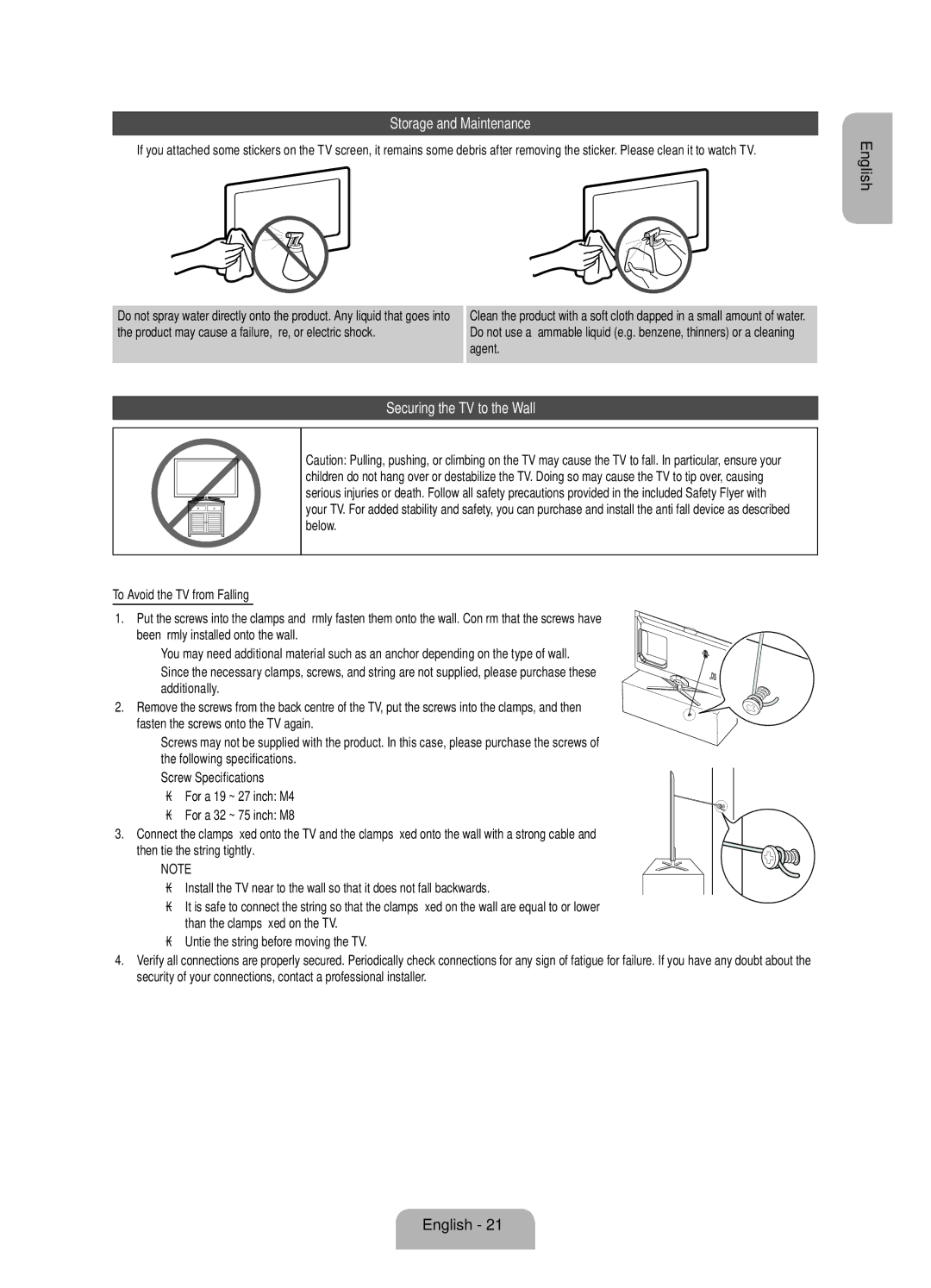 Samsung UE40ES7005UXXE, UE46ES7005UXXE, UE55ES7005UXXE manual Storage and Maintenance, Securing the TV to the Wall 