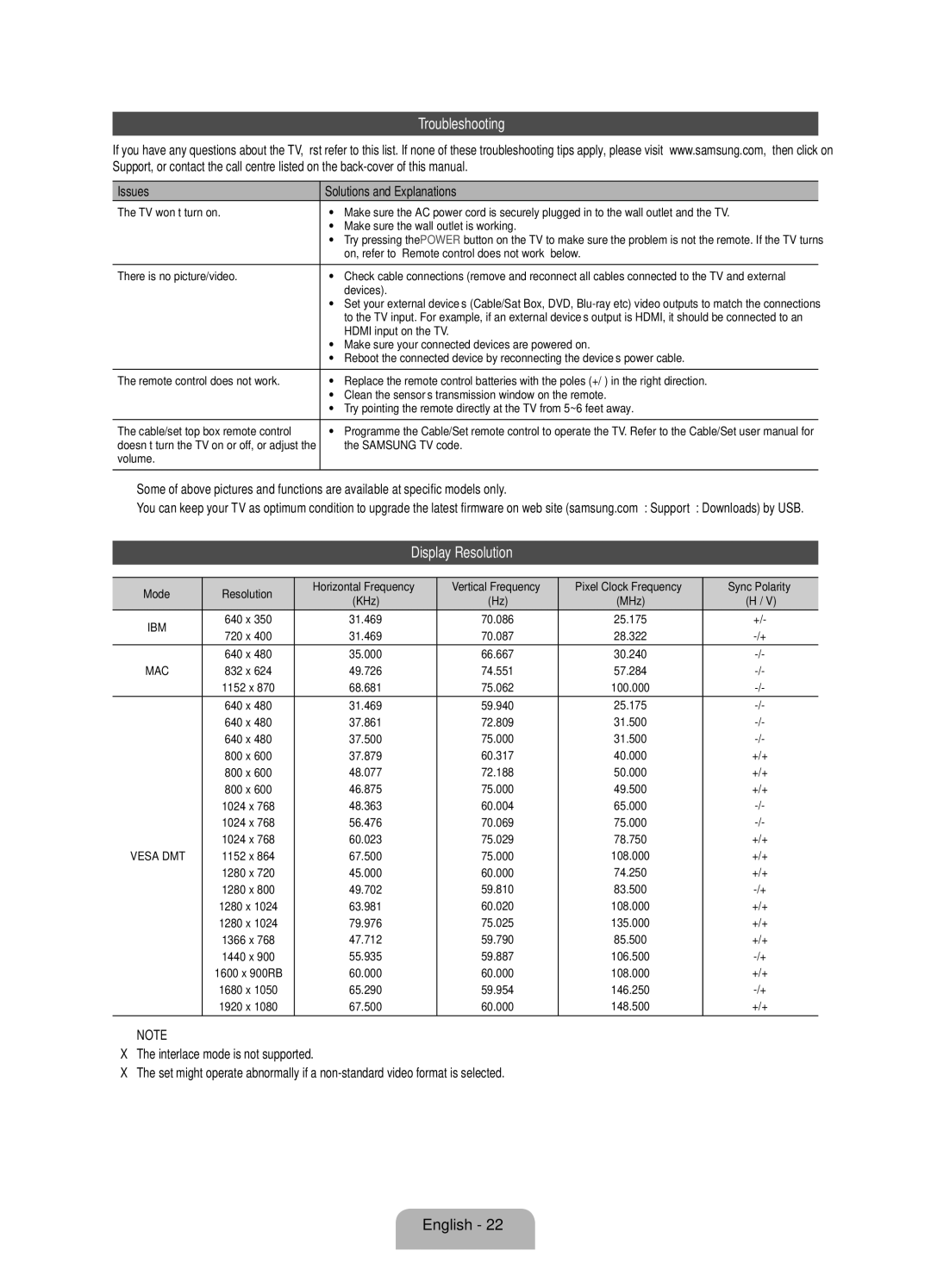 Samsung UE46ES7005UXXE, UE40ES7005UXXE manual Troubleshooting, Display Resolution, Issues Solutions and Explanations 