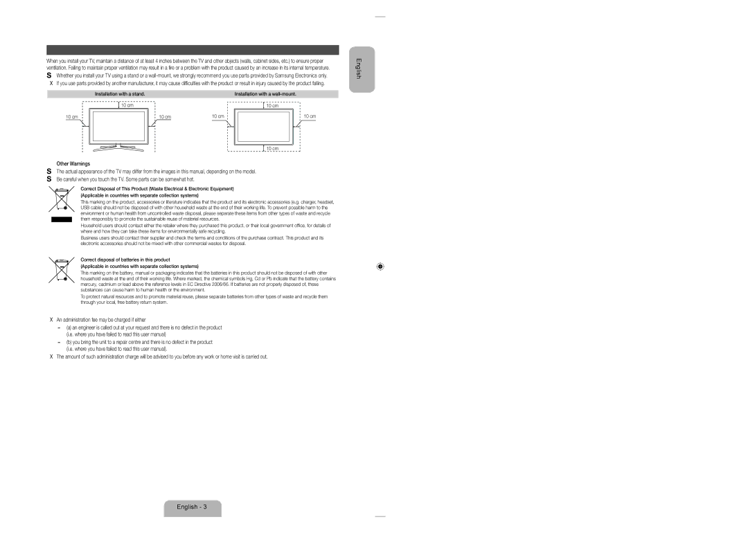 Samsung UE40ES7005UXXE manual Providing Proper Ventilation for Your TV, Other Warnings, Installation with a stand 10 cm 