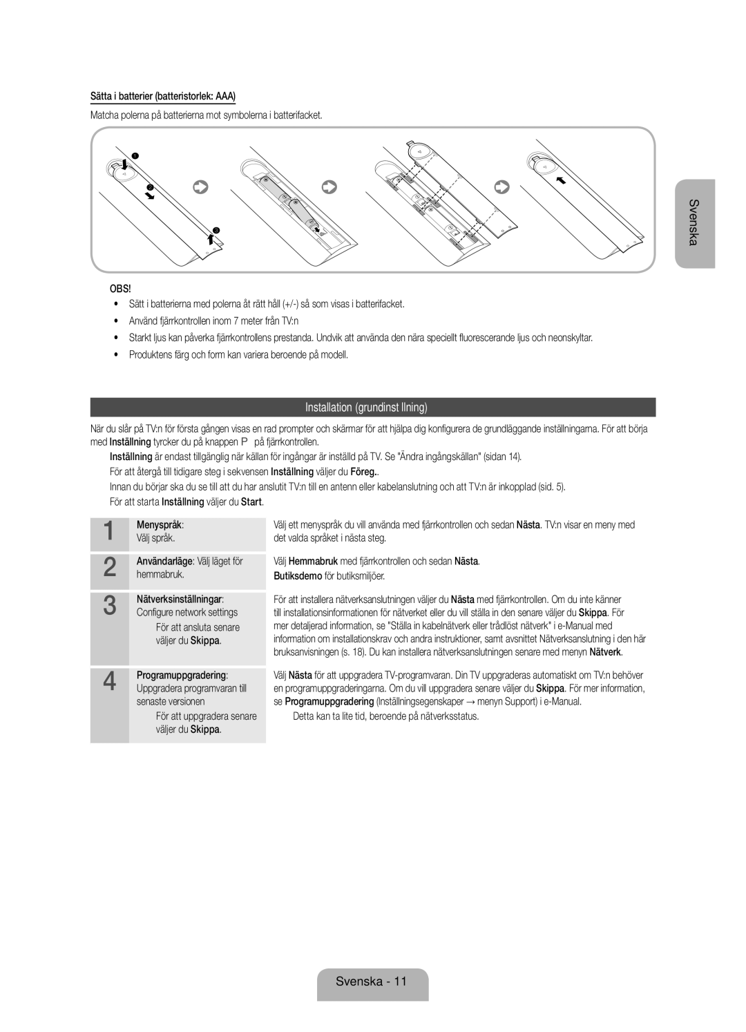 Samsung UE46ES7005UXXE, UE40ES7005UXXE, UE55ES7005UXXE manual Installation grundinställning 