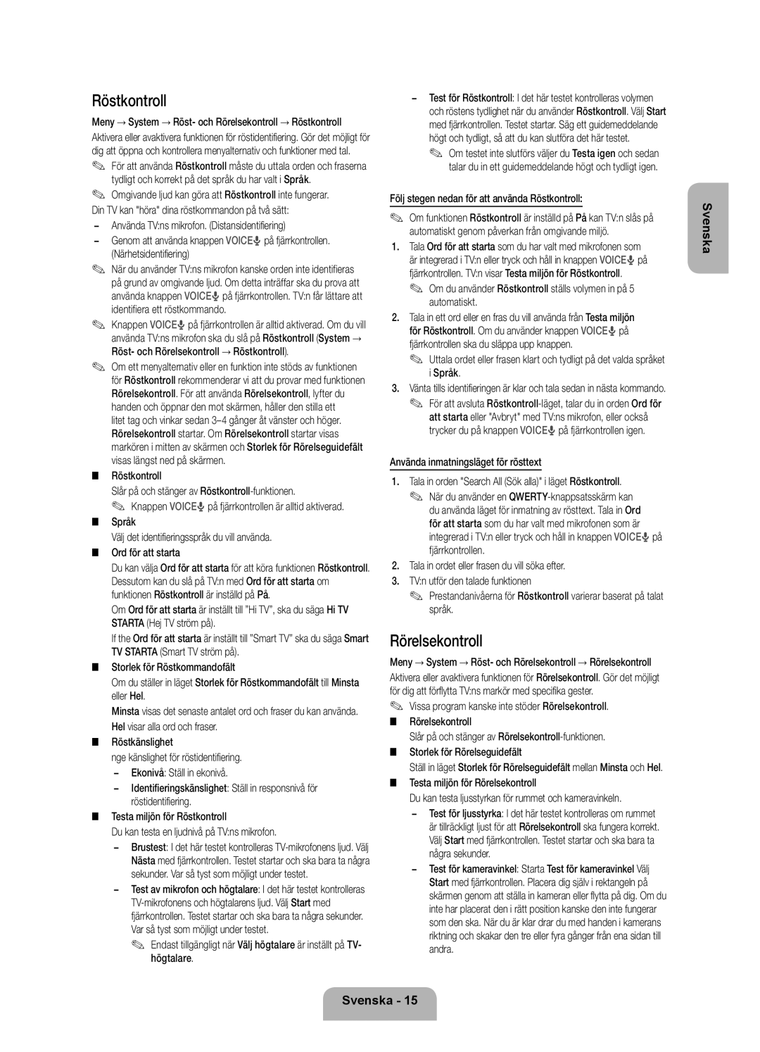 Samsung UE55ES7005UXXE manual Rörelsekontroll, Röstkontroll Slår på och stänger av Röstkontroll-funktionen, Språk 