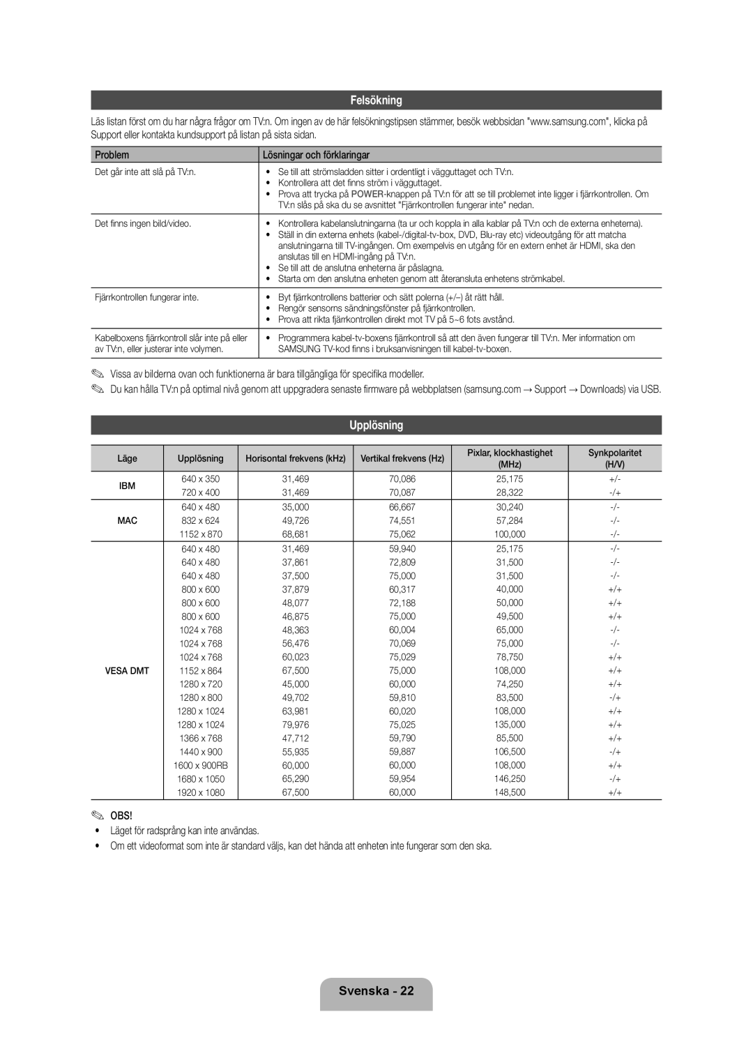 Samsung UE40ES7005UXXE, UE46ES7005UXXE, UE55ES7005UXXE manual Felsökning, Upplösning, Problem Lösningar och förklaringar 