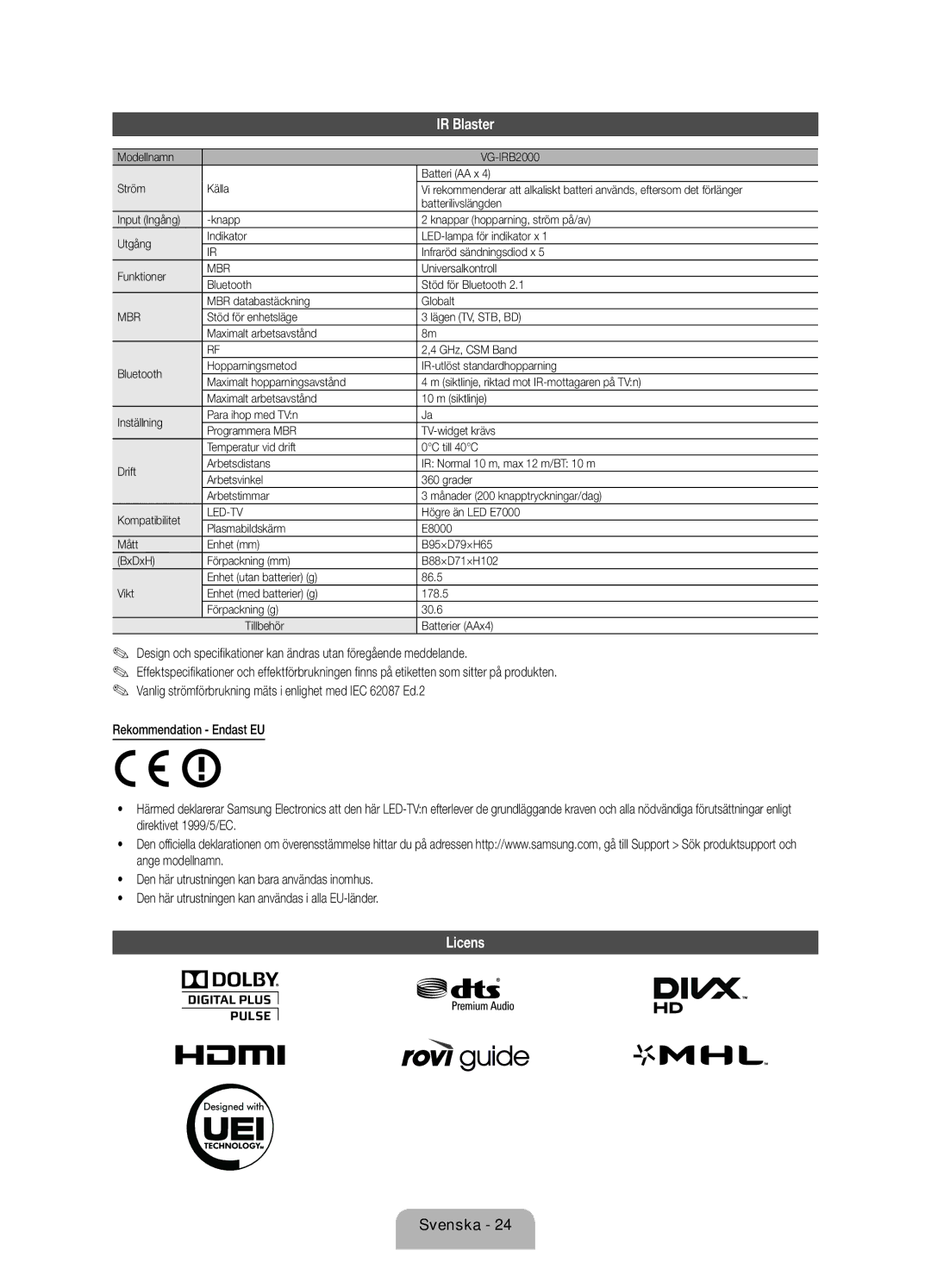 Samsung UE55ES7005UXXE, UE40ES7005UXXE, UE46ES7005UXXE Licens, Bluetooth Stöd för Bluetooth MBR databastäckning Globalt 