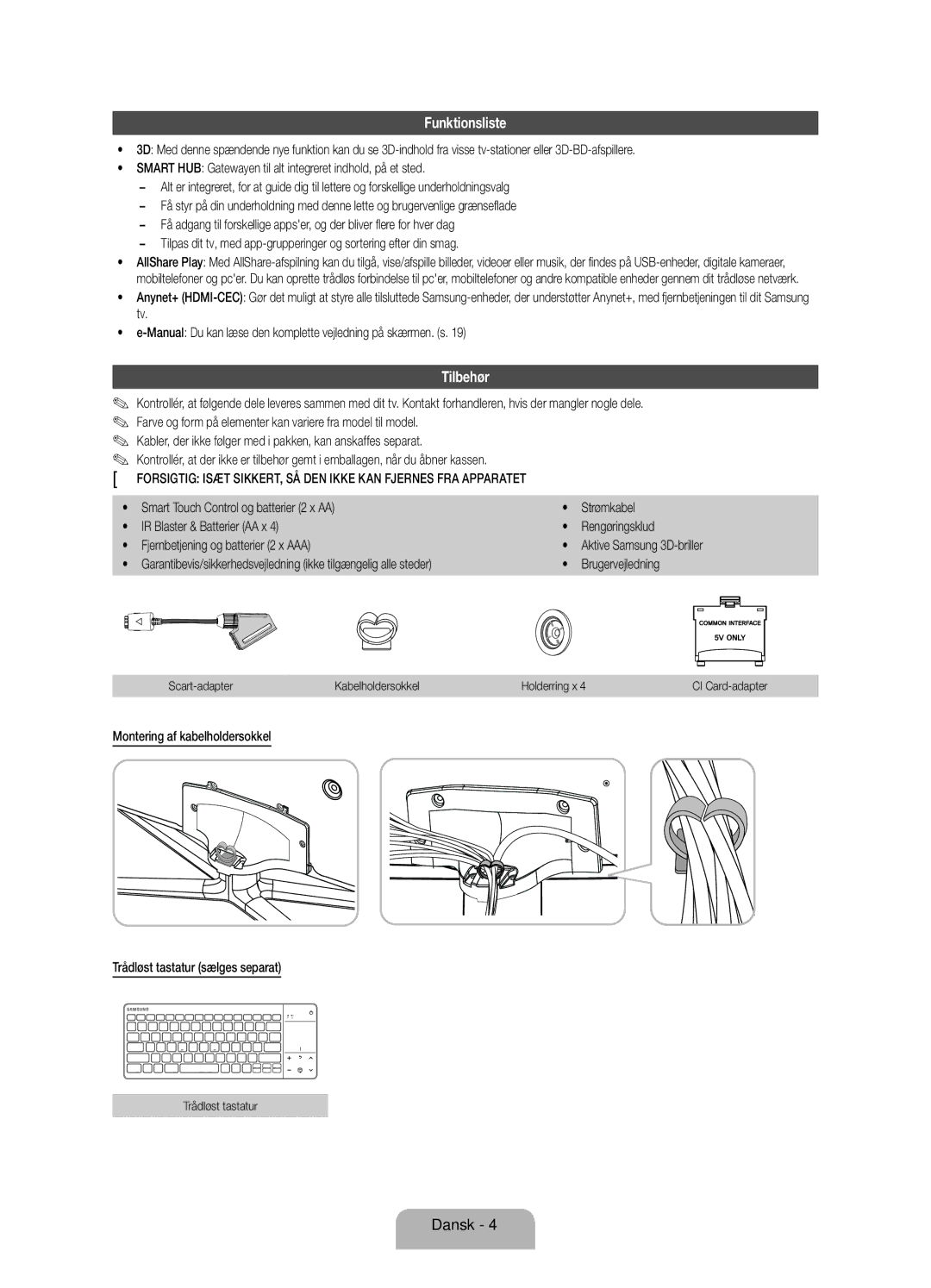 Samsung UE55ES7005UXXE manual Funktionsliste, Tilbehør, Scart-adapter Kabelholdersokkel Holderring x, Trådløst tastatur 