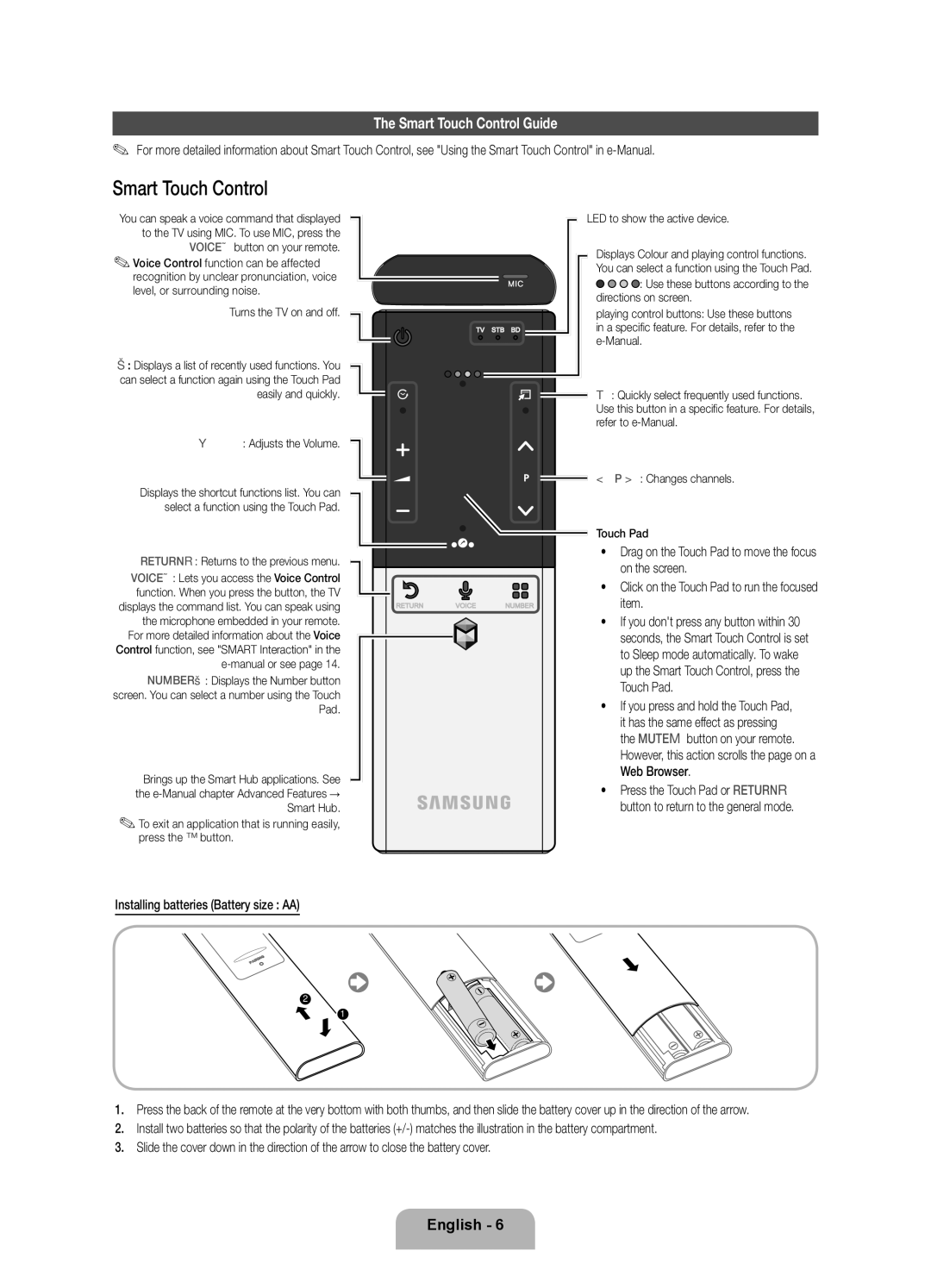 Samsung UE40ES7005UXXE Smart Touch Control Guide, Installing batteries Battery size AA, LED to show the active device 