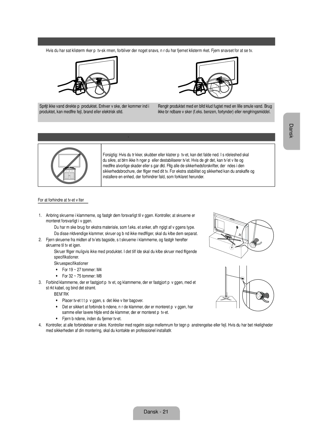 Samsung UE46ES7005UXXE, UE40ES7005UXXE, UE55ES7005UXXE manual Opbevaring og vedligeholdelse, Fastgørelse af tv’et til væggen 