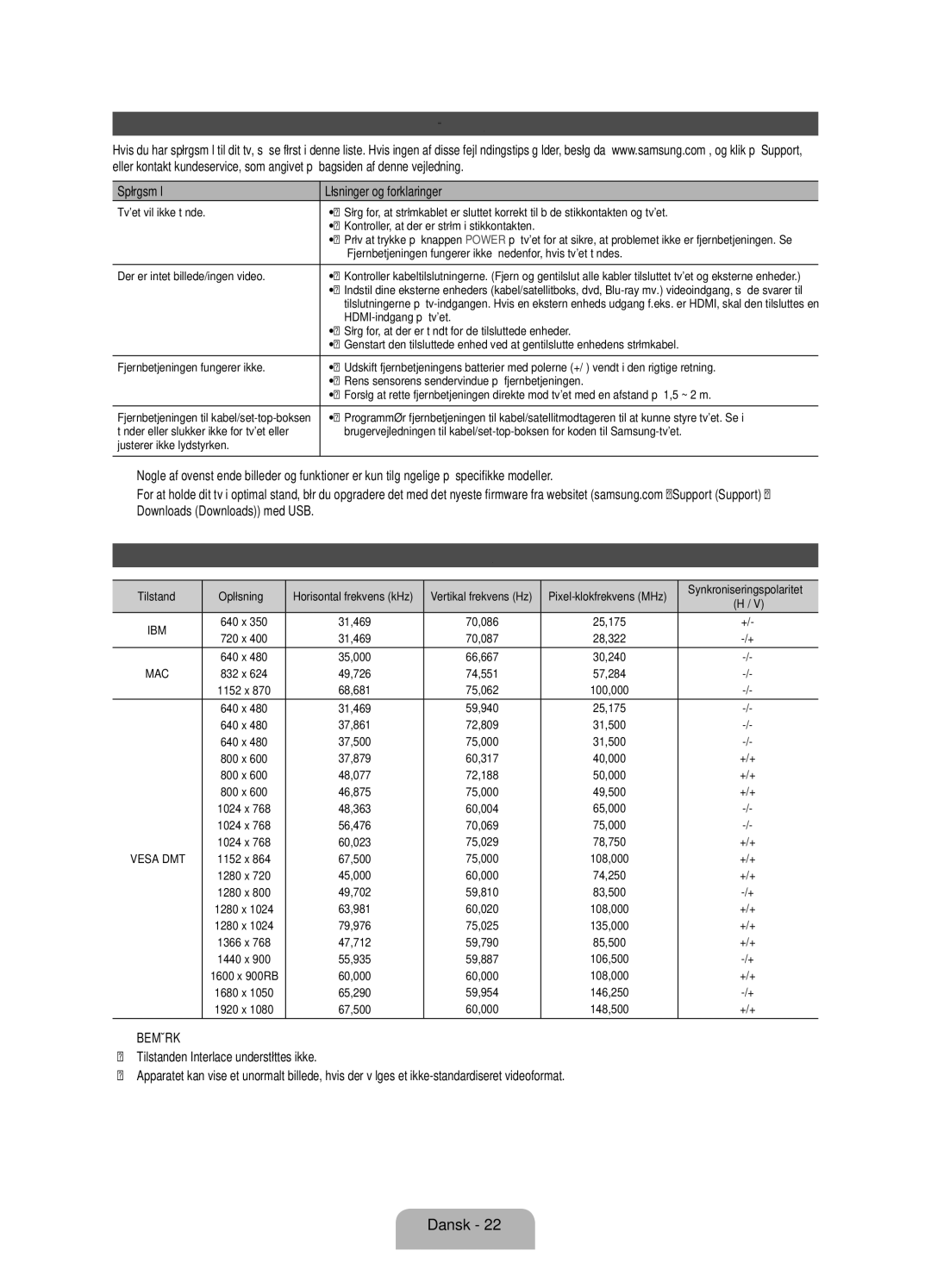 Samsung UE55ES7005UXXE, UE40ES7005UXXE, UE46ES7005UXXE Fejlfinding, Skærmopløsning, Spørgsmål Løsninger og forklaringer 