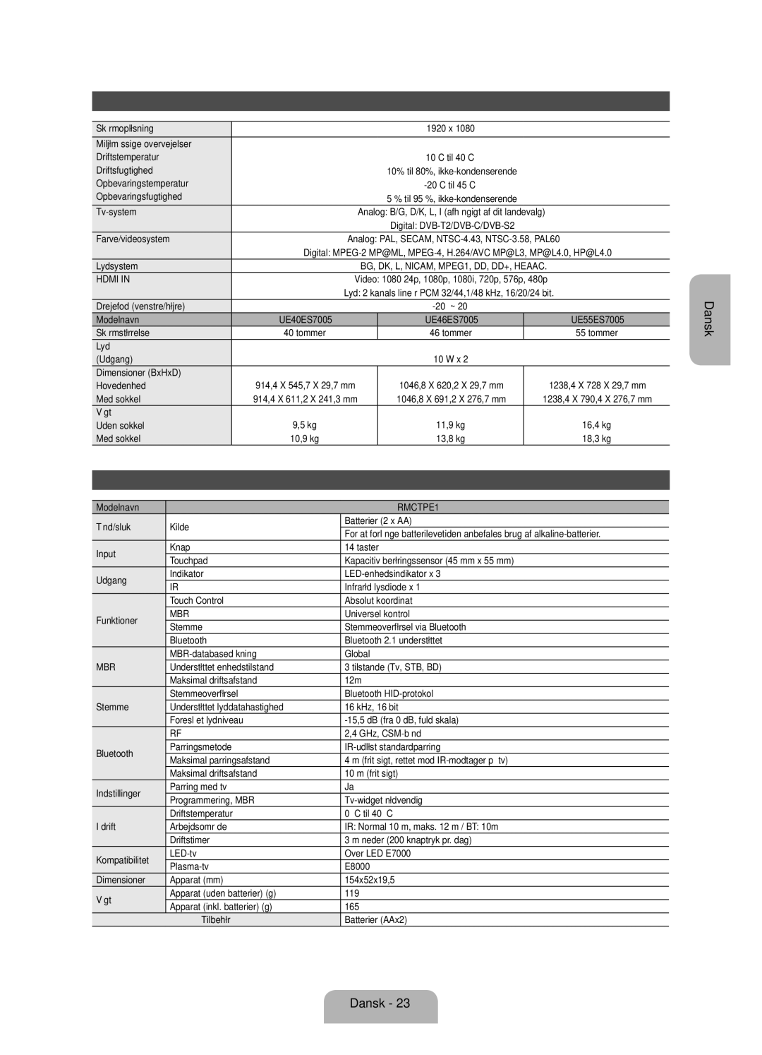 Samsung UE40ES7005UXXE Skærmopløsning, Miljømæssige overvejelser Driftstemperatur, Driftsfugtighed, Opbevaringstemperatur 