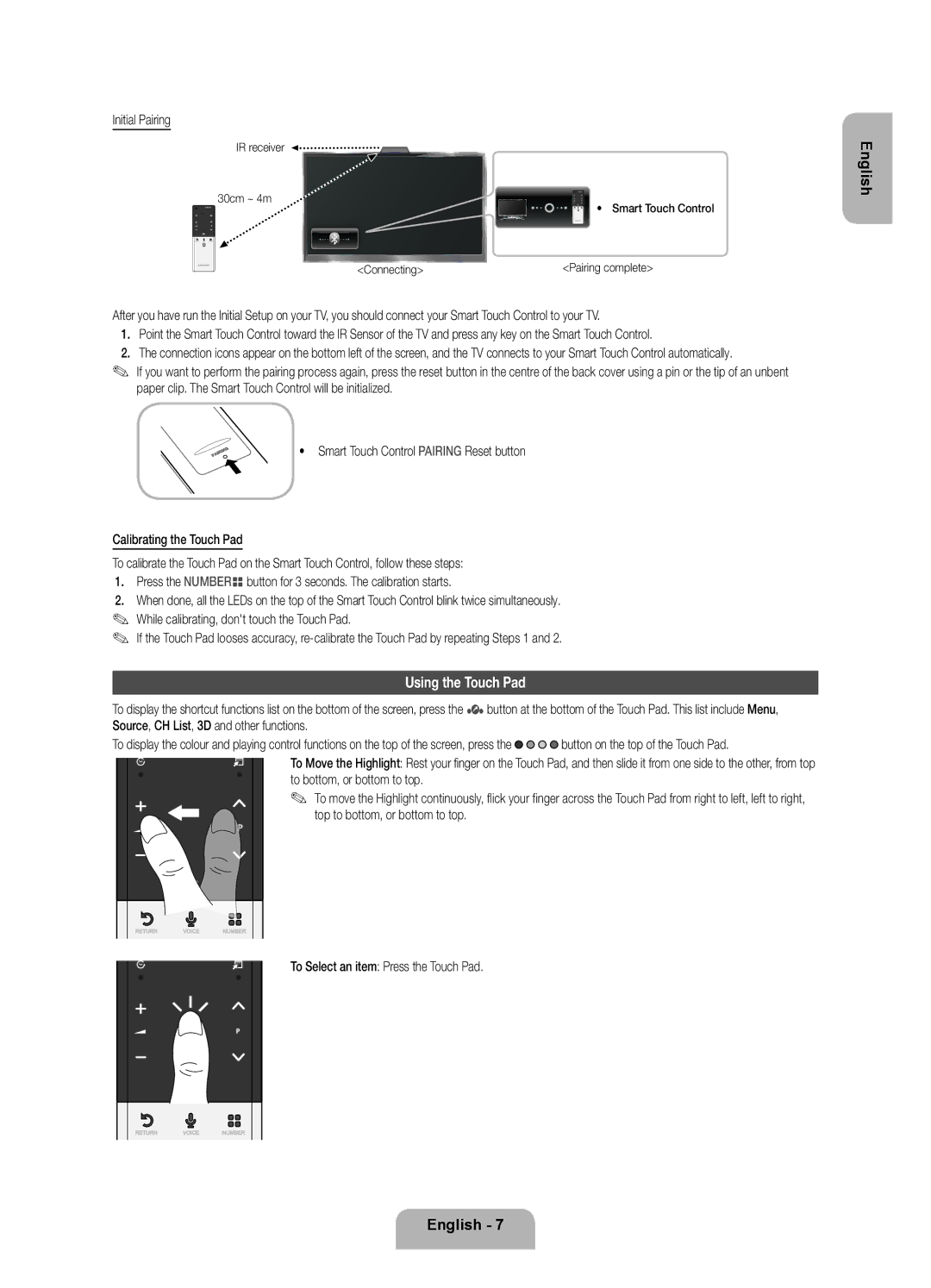 Samsung UE46ES7005UXXE, UE40ES7005UXXE manual Using the Touch Pad, Initial Pairing, To Select an item Press the Touch Pad 