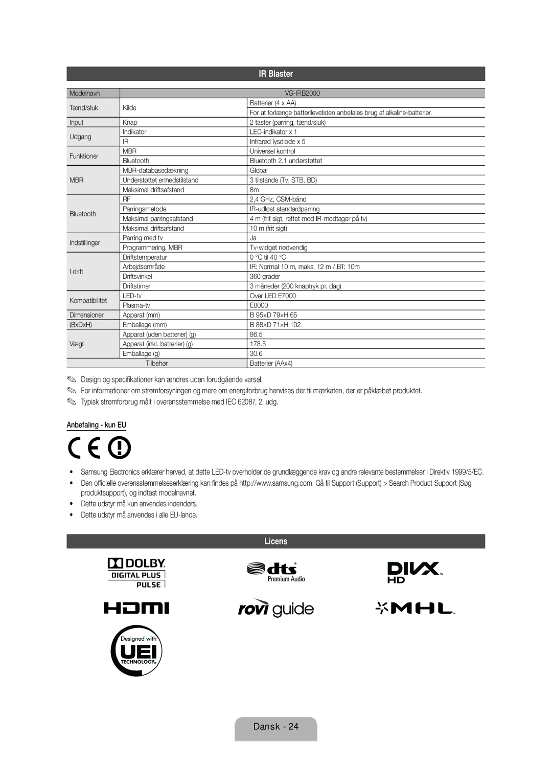 Samsung UE46ES7005UXXE, UE40ES7005UXXE Design og specifikationer kan ændres uden forudgående varsel, Anbefaling kun EU 